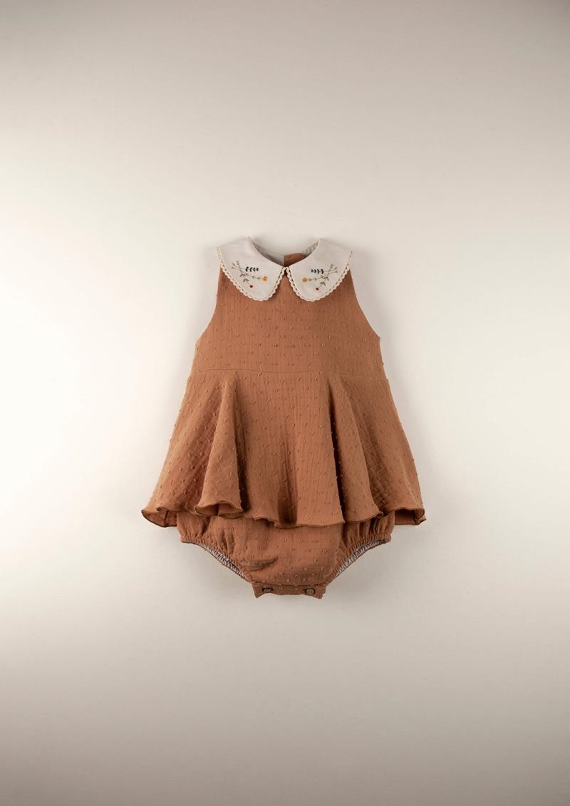 Mod.7.1 Terracotta romper suit with embroidered collar | SS22 Mod.7.1 Terracotta romper suit with embroidered collar | 1
