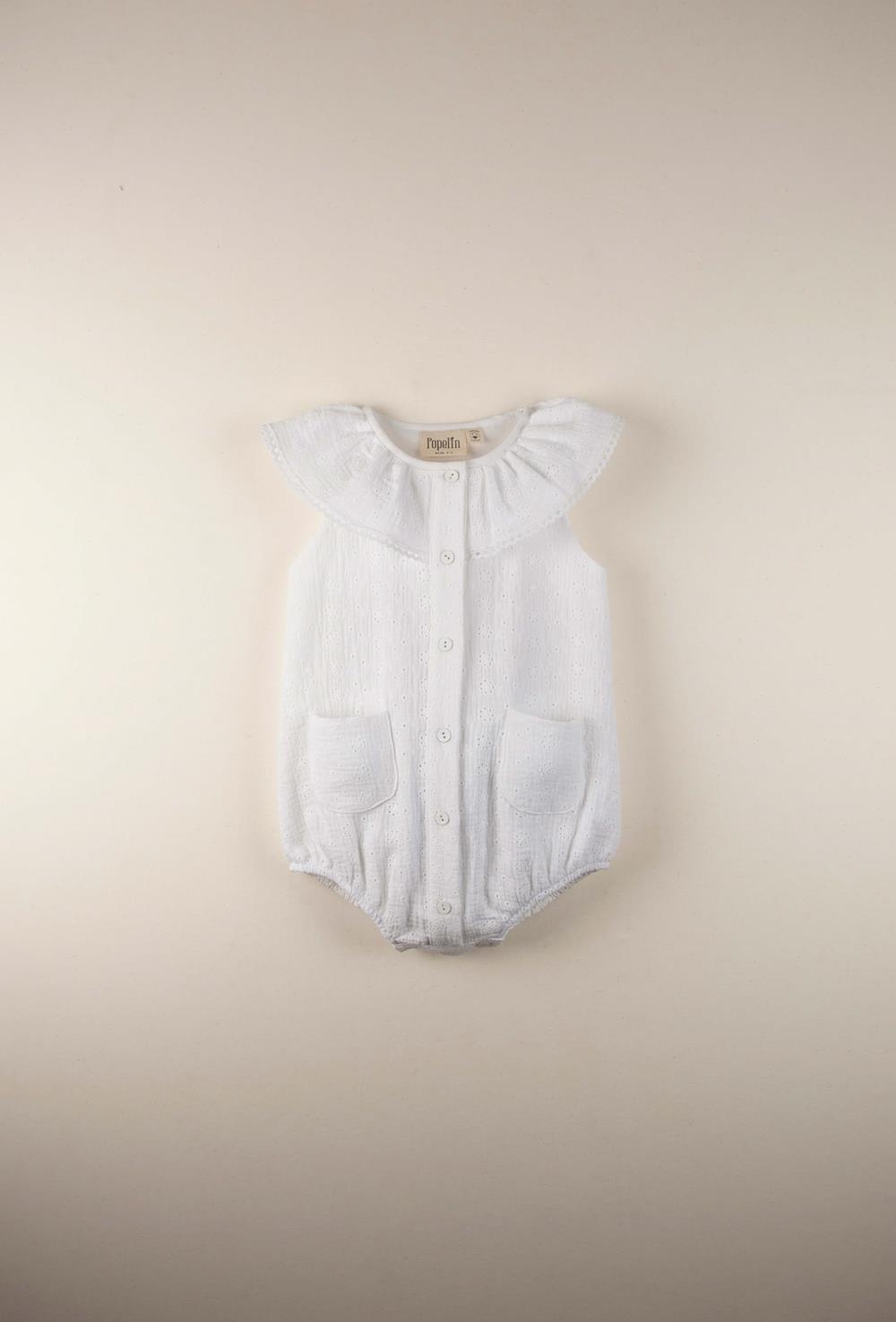 Mod.8.2 Organic romper suit with frilled collar with Swiss embroidery | SS22 Mod.8.2 Organic romper suit with frilled collar with Swiss embroidery | 1