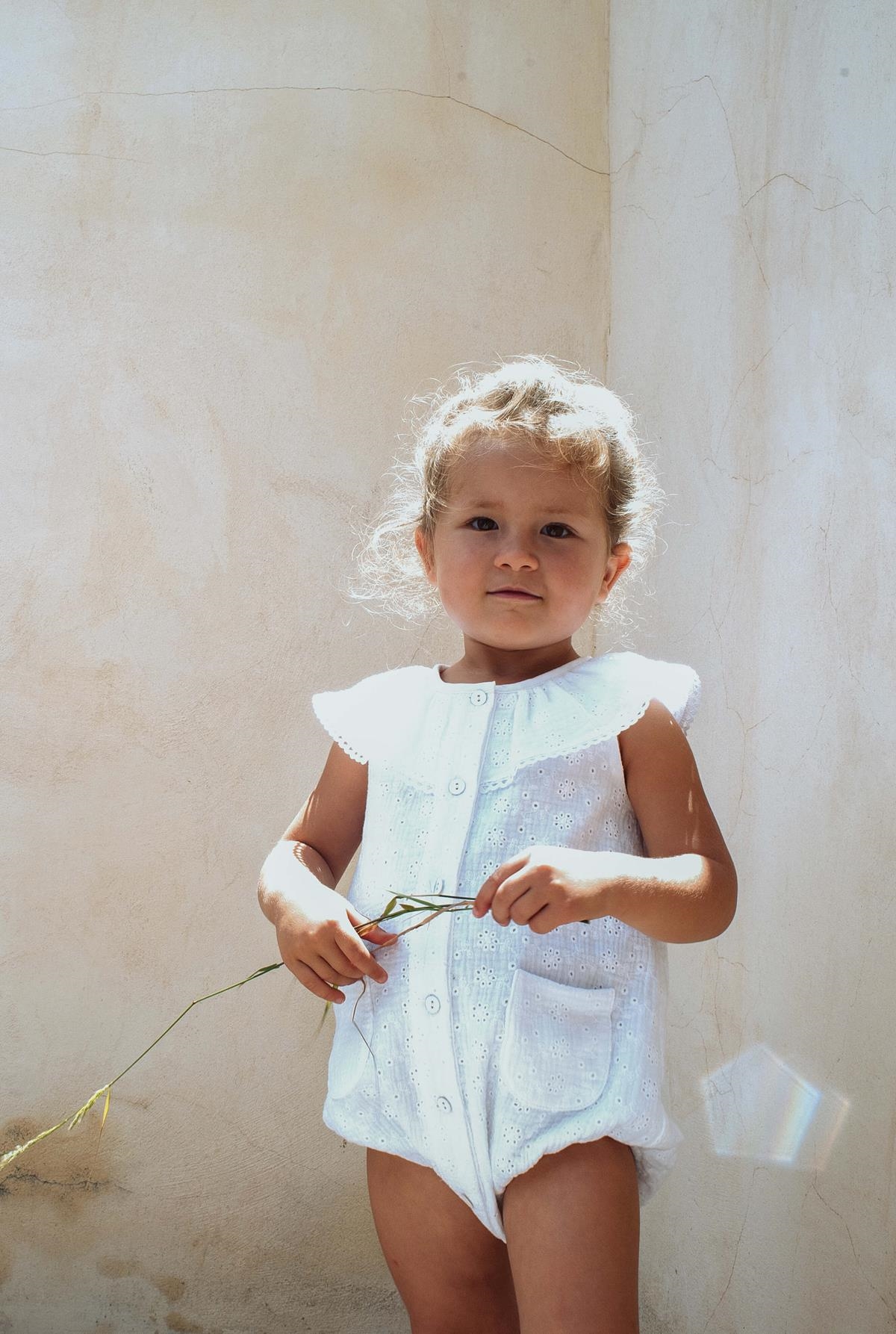 Mod.8.2 Organic romper suit with frilled collar with Swiss embroidery | SS22 Mod.8.2 Organic romper suit with frilled collar with Swiss embroidery | 1