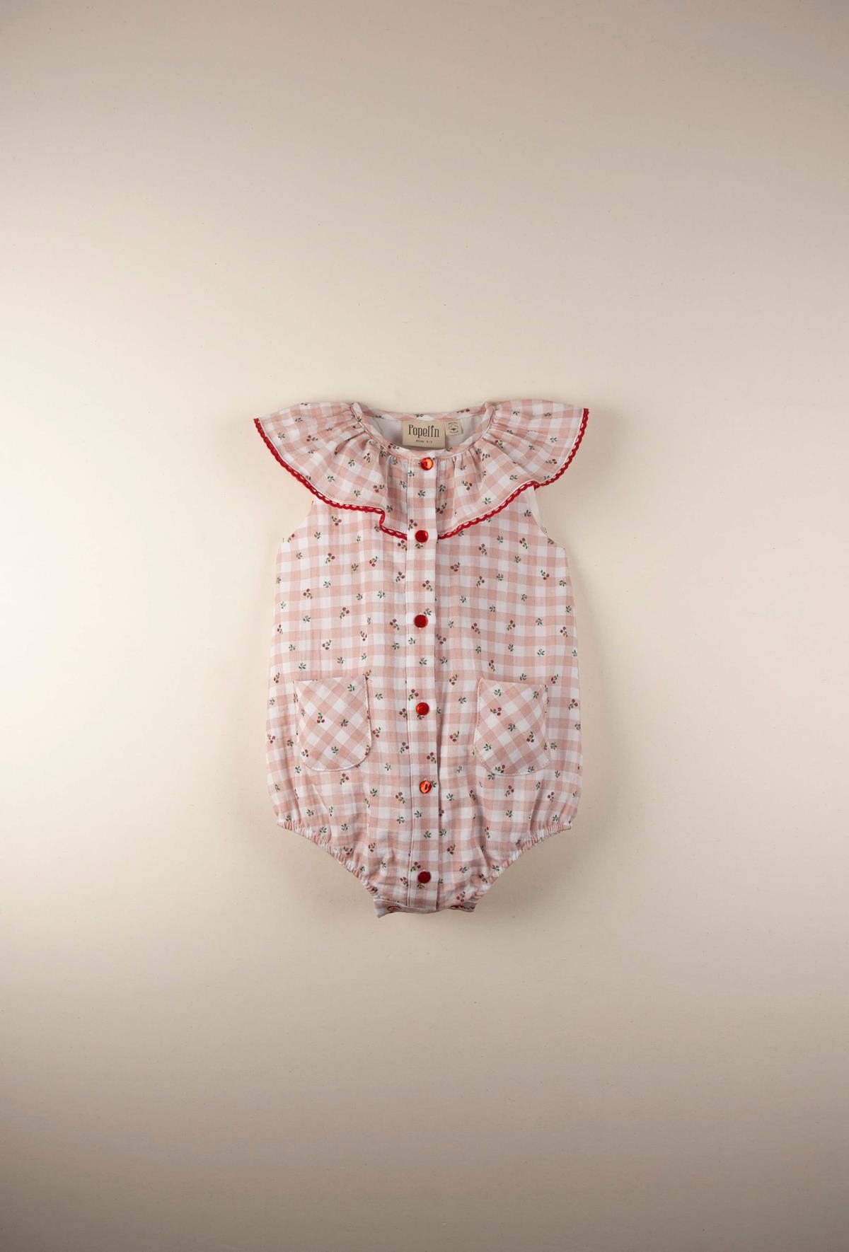 Mod.8.3 Gingham and floral organic romper suit with frilled collar | SS22 Mod.8.3 Gingham and floral organic romper suit with frilled collar | 1