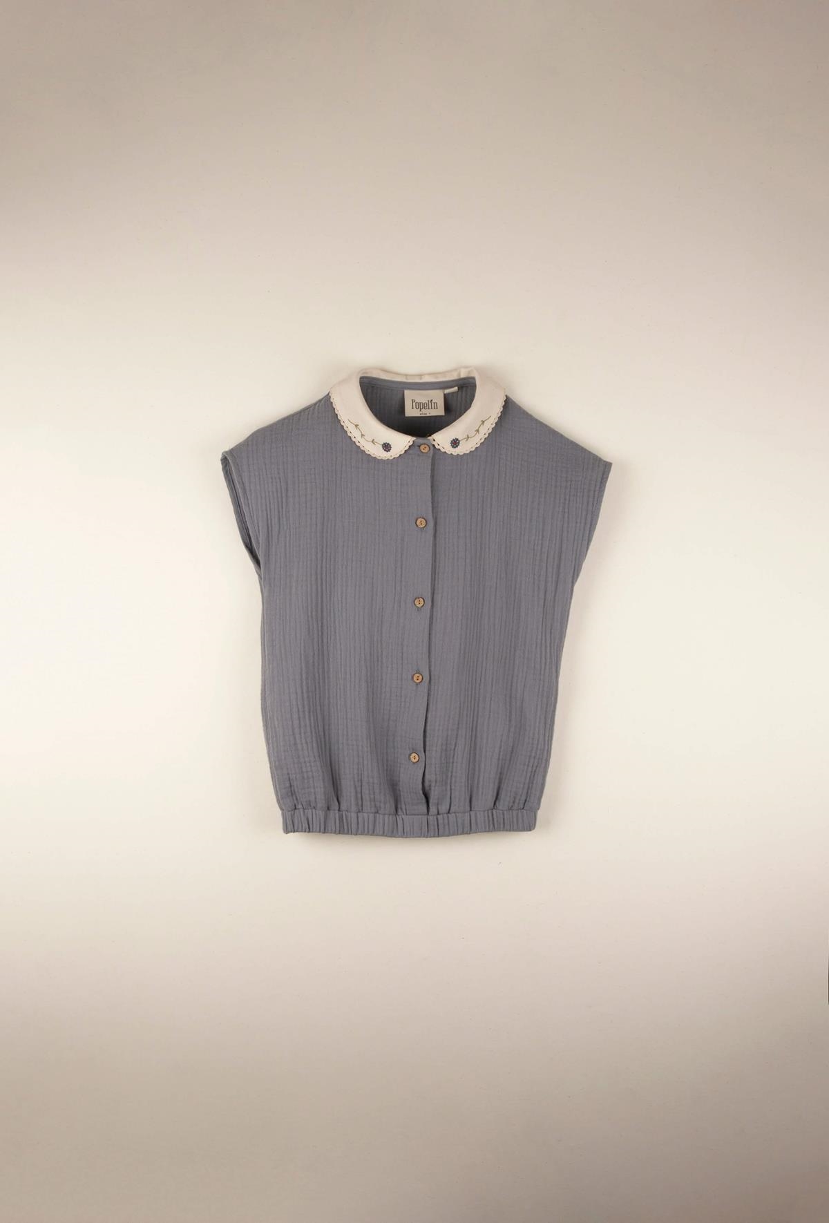 Mod.17.3 Greyish-blue organic blouse with embroidered collar | SS22 Mod.17.3 Greyish-blue organic blouse with embroidered collar | 1