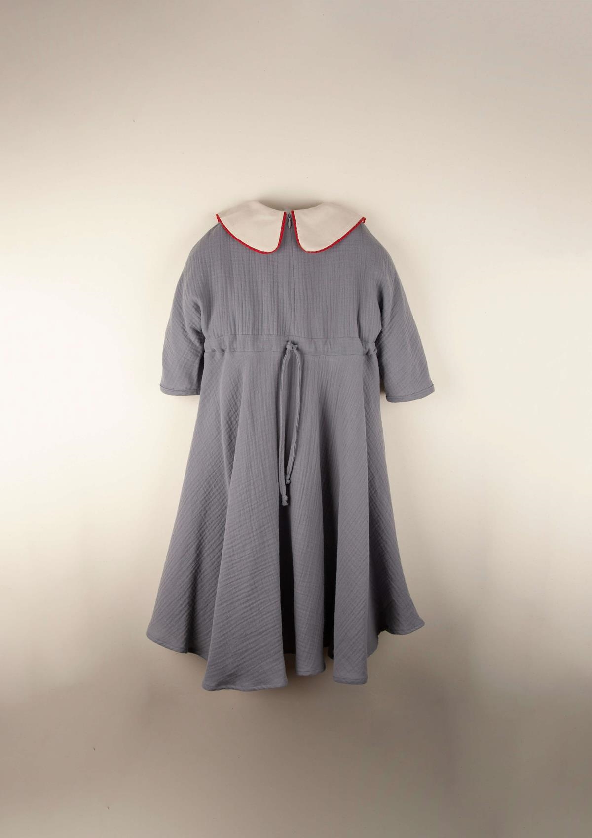 Mod.30.3 Greyish-blue organic dress with embroidered collar | SS22 Mod.30.3 Greyish-blue organic dress with embroidered collar | 1