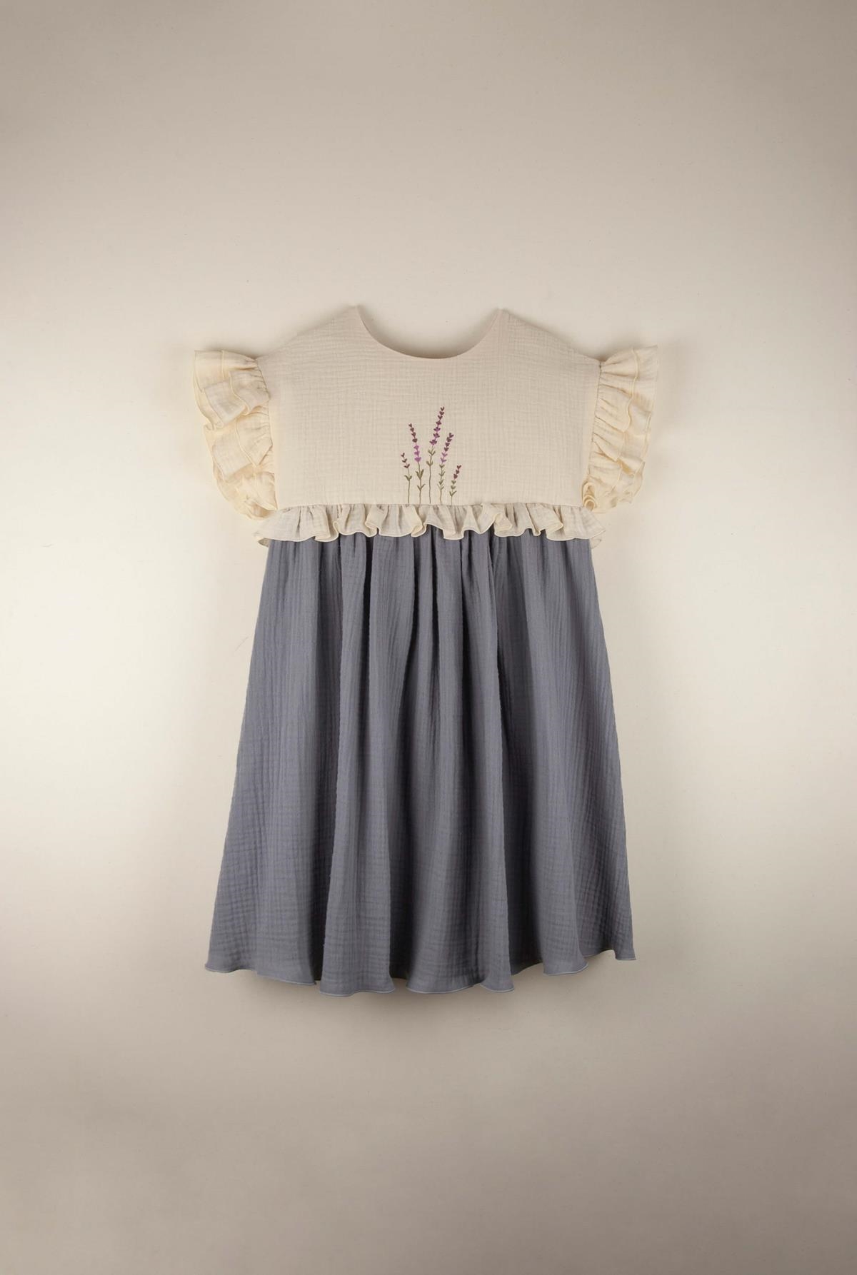 Mod.32.3 Greyish-blue organic dress with embroidered yoke | SS22 Mod.32.3 Greyish-blue organic dress with embroidered yoke | 1