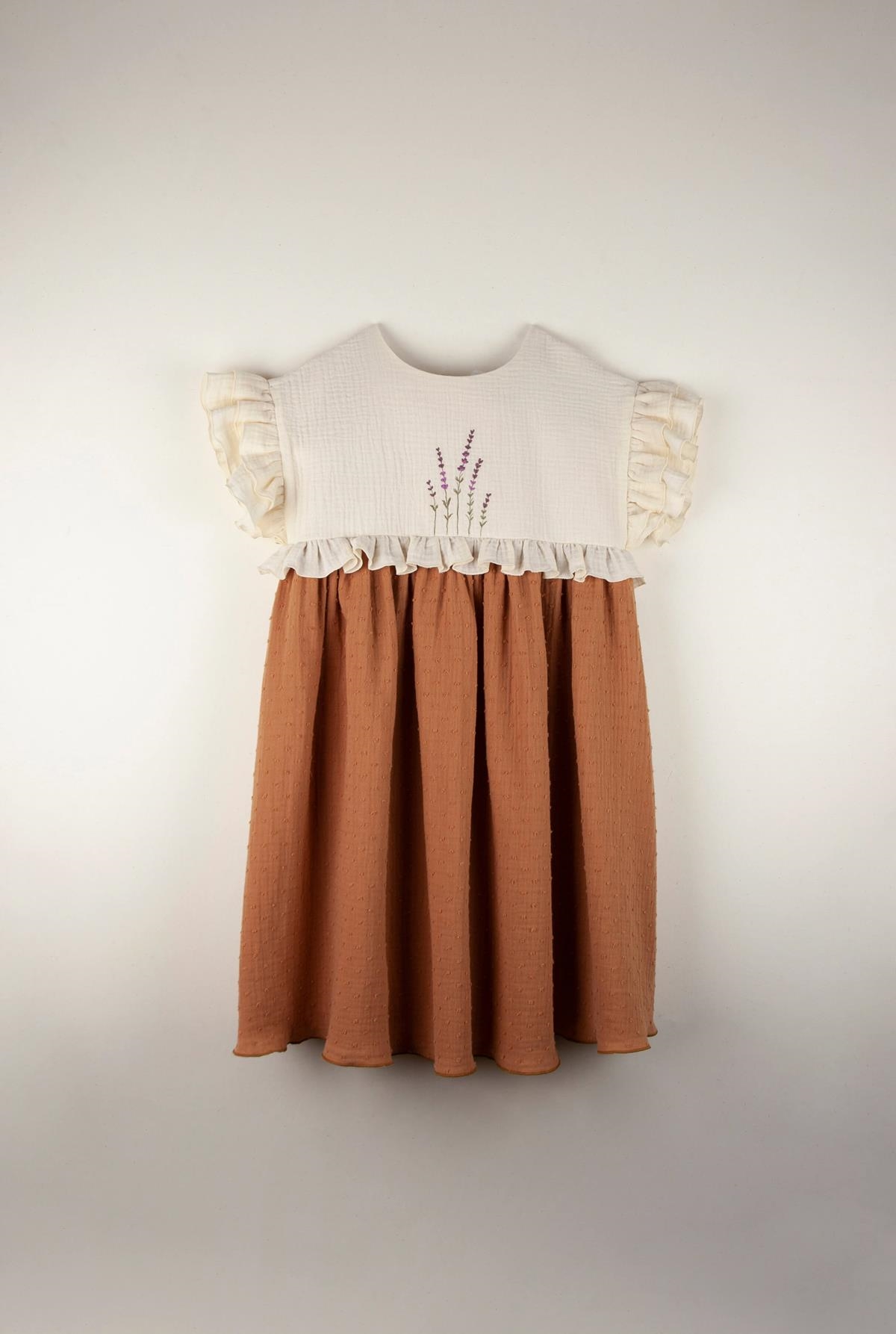 Mod.32.4 Terracotta organic dress with embroidered yoke | SS22 Mod.32.4 Terracotta organic dress with embroidered yoke | 1