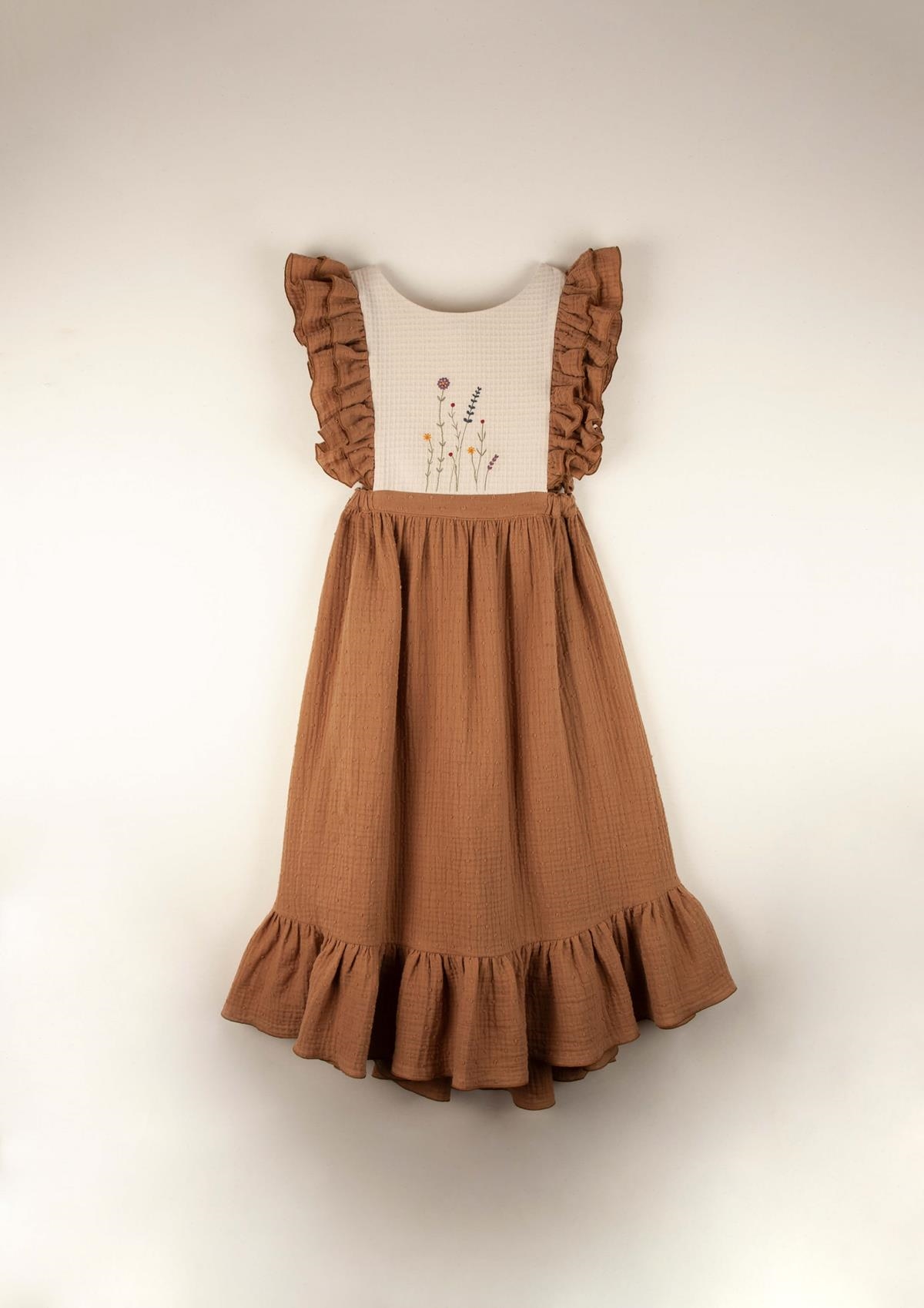 Mod.34.1 Terracotta organic bibbed dress with embroidery | SS22 Mod.34.1 Terracotta organic bibbed dress with embroidery | 1
