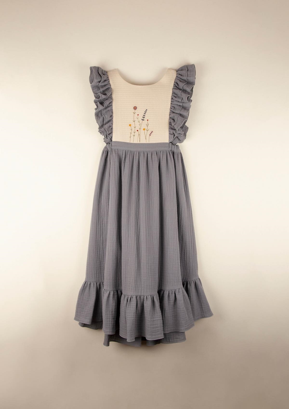 Mod.34.3 Greyish-blue organic bibbed dress with embroidery | SS22 Mod.34.3 Greyish-blue organic bibbed dress with embroidery | 1