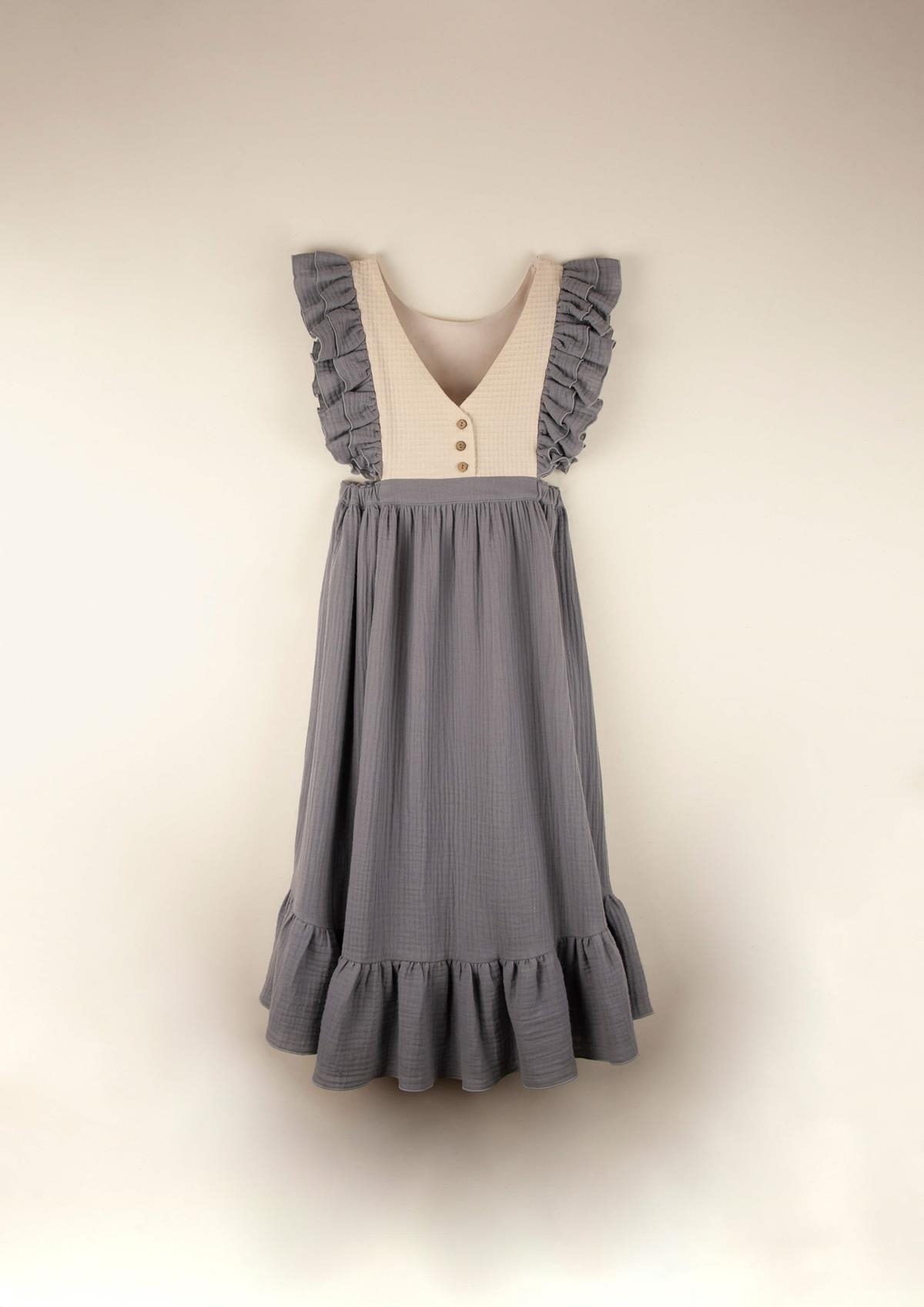 Mod.34.3 Greyish-blue organic bibbed dress with embroidery | SS22 Mod.34.3 Greyish-blue organic bibbed dress with embroidery | 1