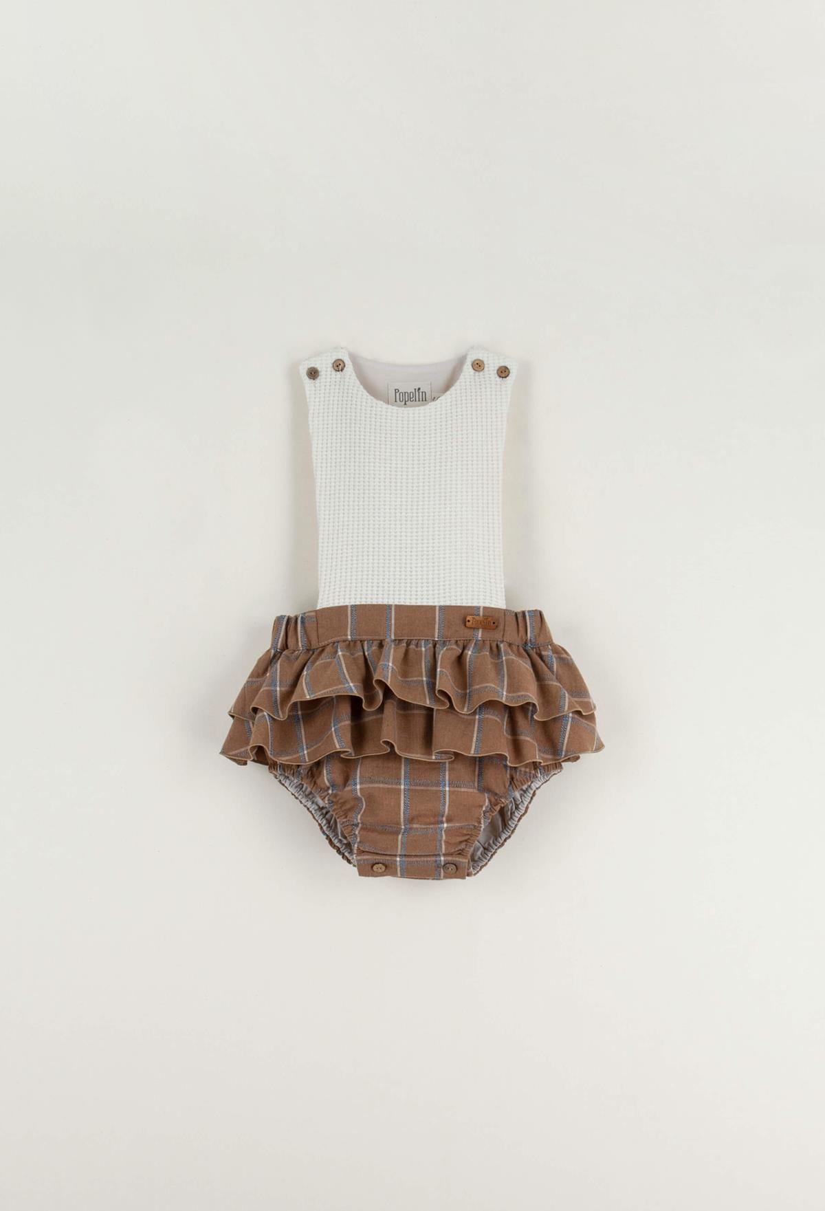 Mod.1.4 Terracotta plaid embroidered frilled romper suit with bib | AW22.23 Mod.1.4 Terracotta plaid embroidered frilled romper suit with bib