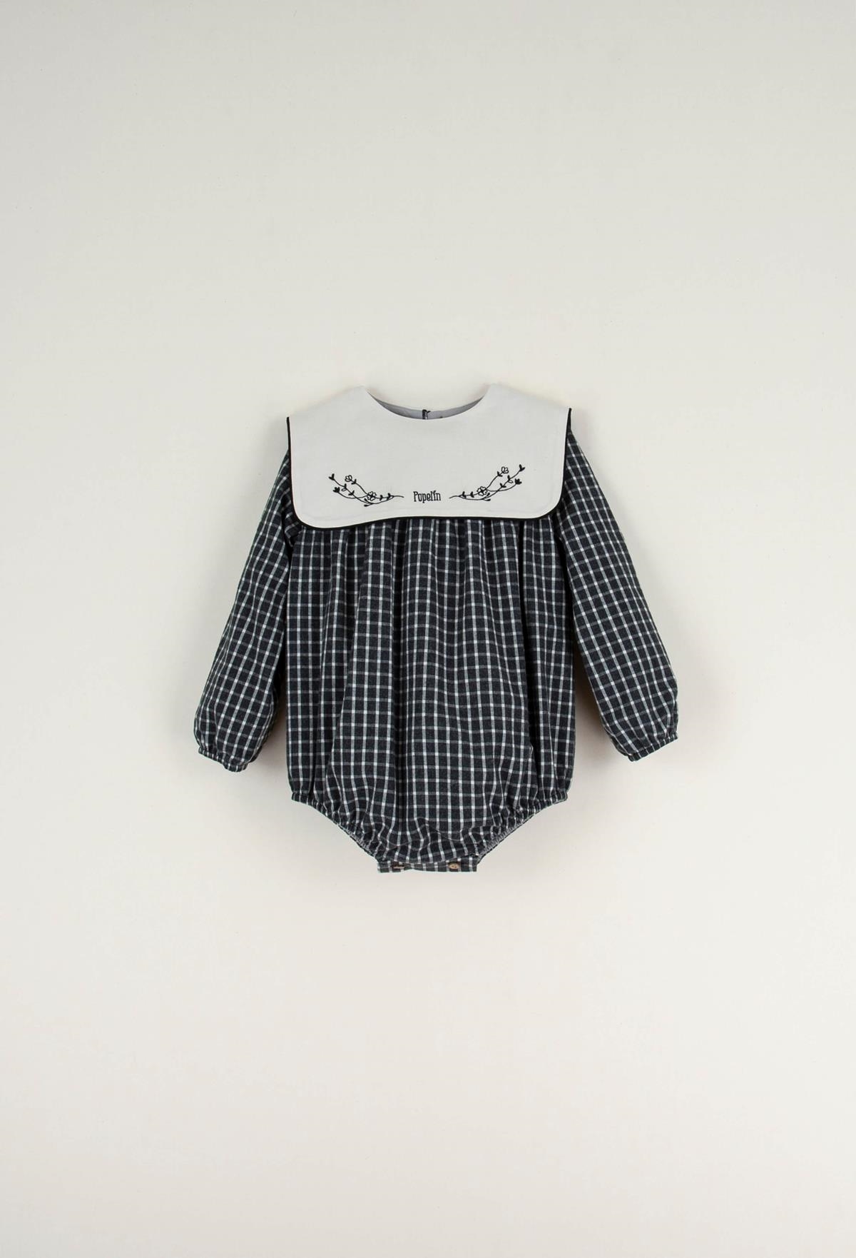 Mod.2.2 Black plaid embroidered romper suit with yoke | AW22.23 Mod.2.2 Black plaid embroidered romper suit with yoke