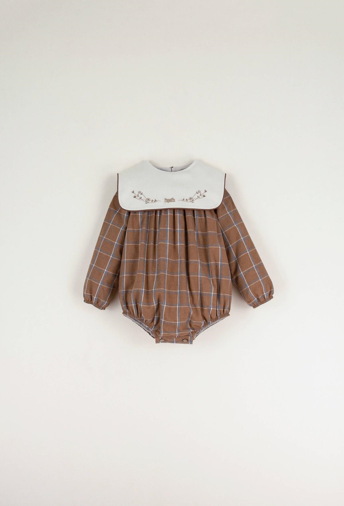 Mod.2.3 Terracotta plaid embroidered romper suit with yoke | AW22.23 Mod.2.3 Terracotta plaid embroidered romper suit with yoke