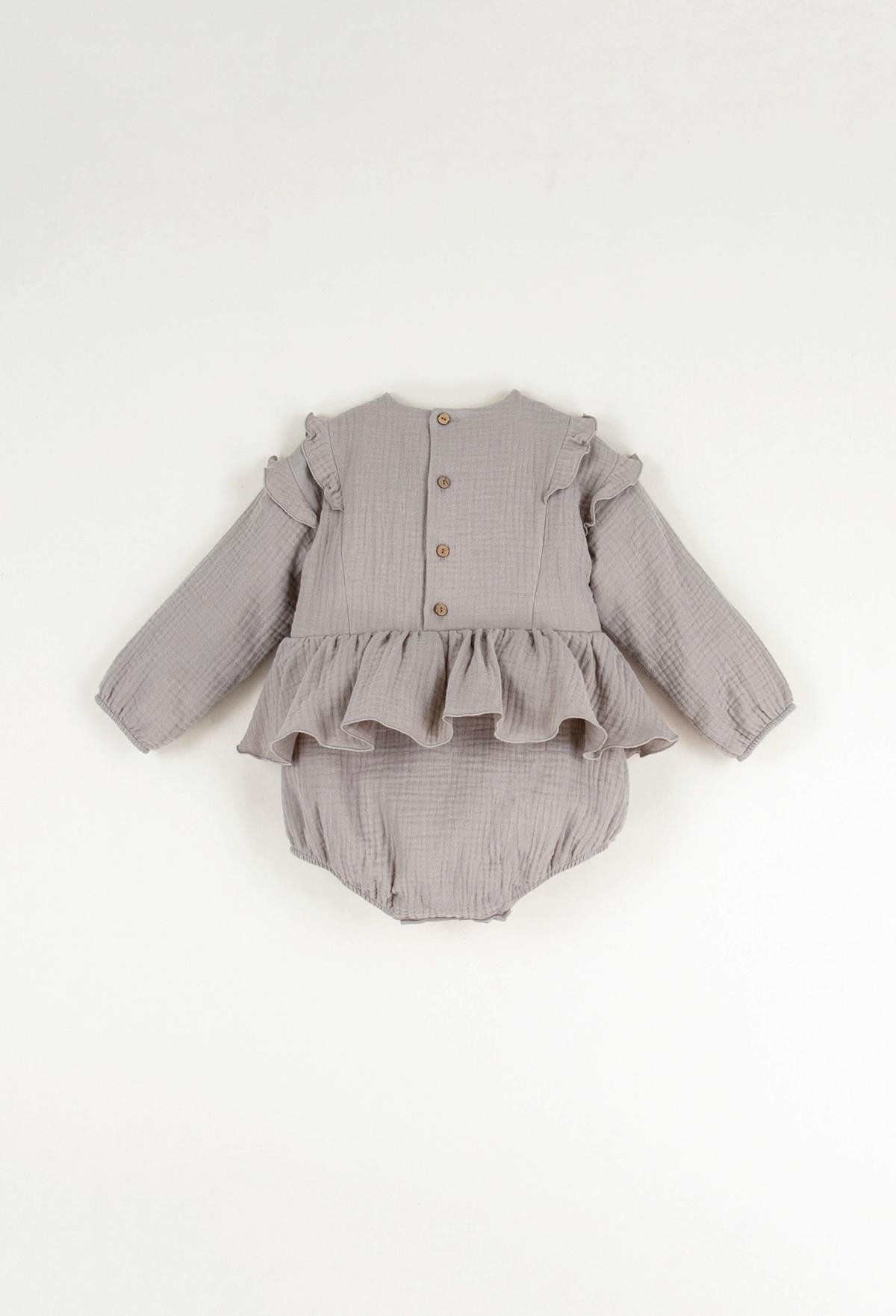 Mod.3.1 Taupe organic fabric embroidered romper suit with pintucks | AW22.23 Mod.3.1 Taupe organic fabric embroidered romper suit with pintucks