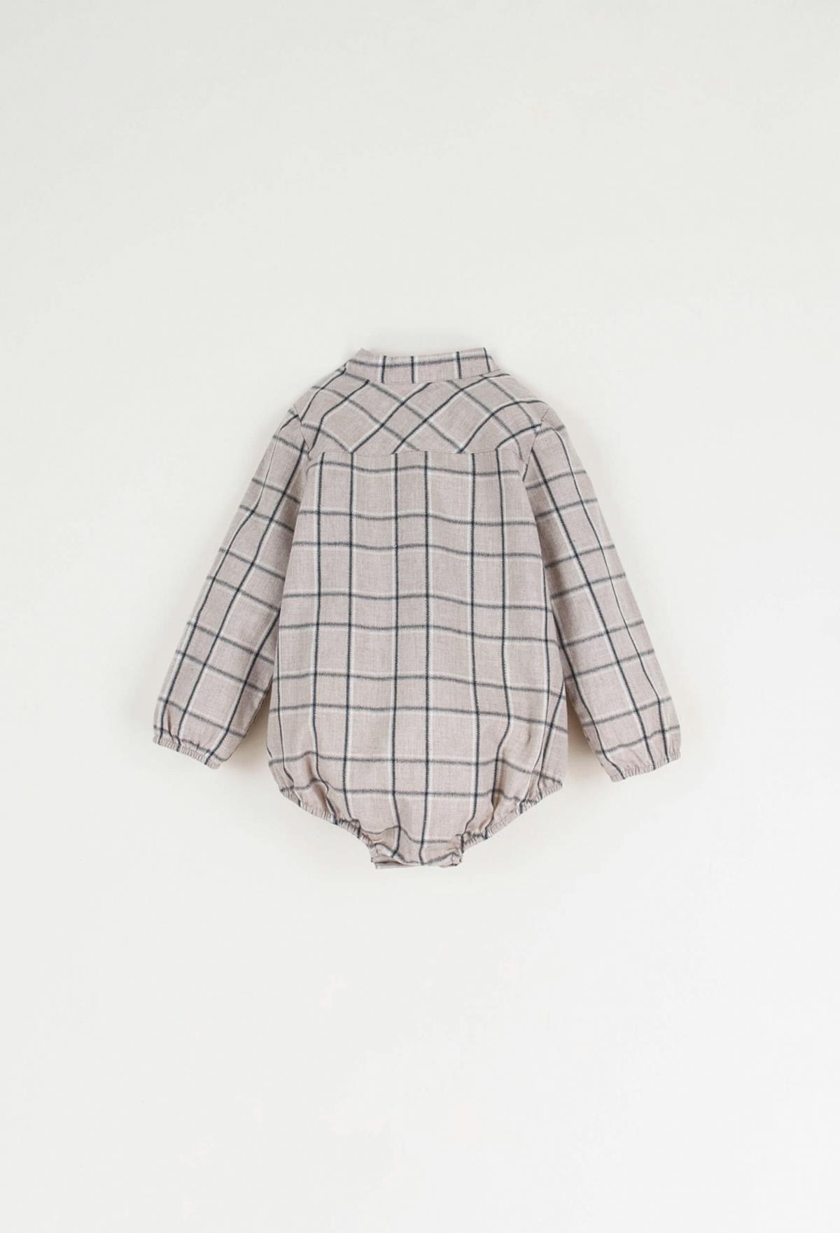 Mod.5.1 Taupe plaid organic fabric shirt-style romper suit | AW22.23 Mod.5.1 Taupe plaid organic fabric shirt-style romper suit