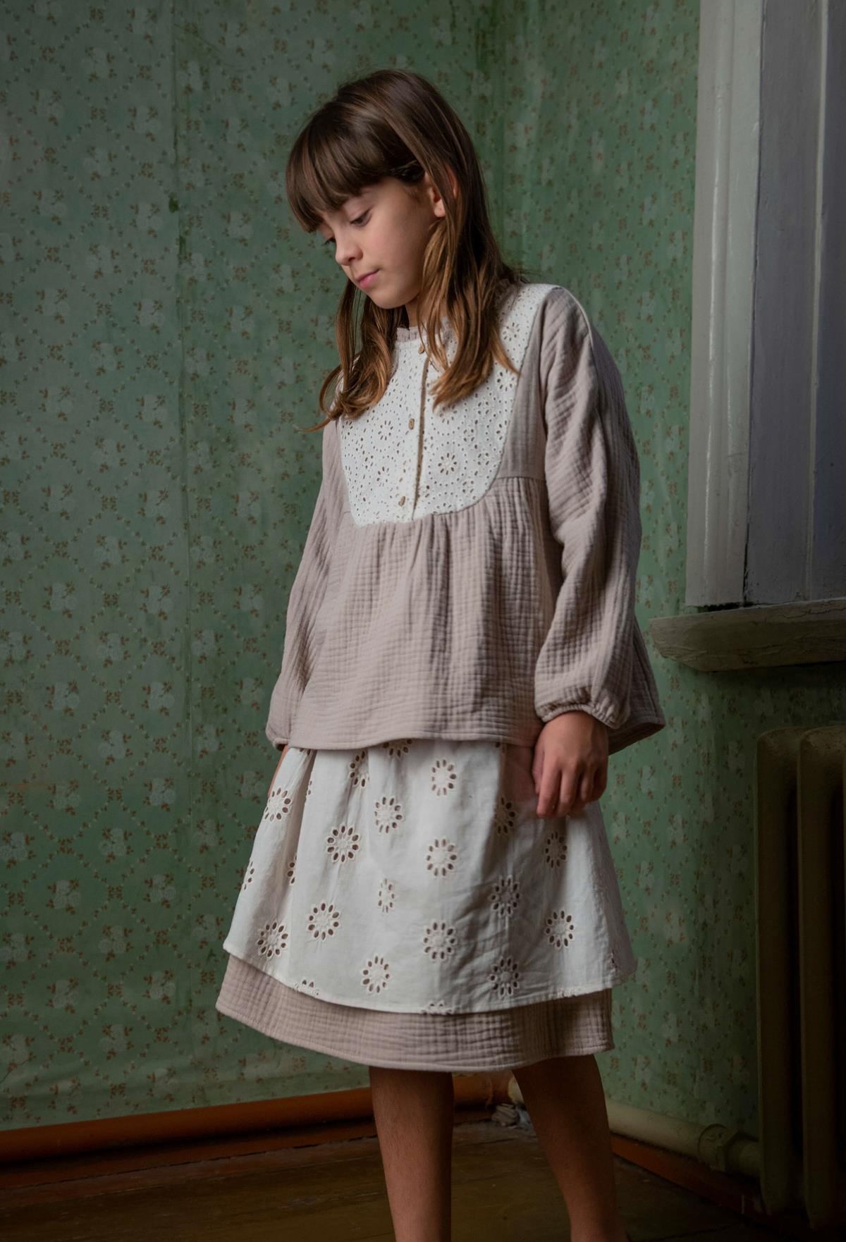 Mod.14.1 Taupe blouse with yoke and Swiss embroidery | AW22.23 Mod.14.1 Taupe blouse with yoke and Swiss embroidery