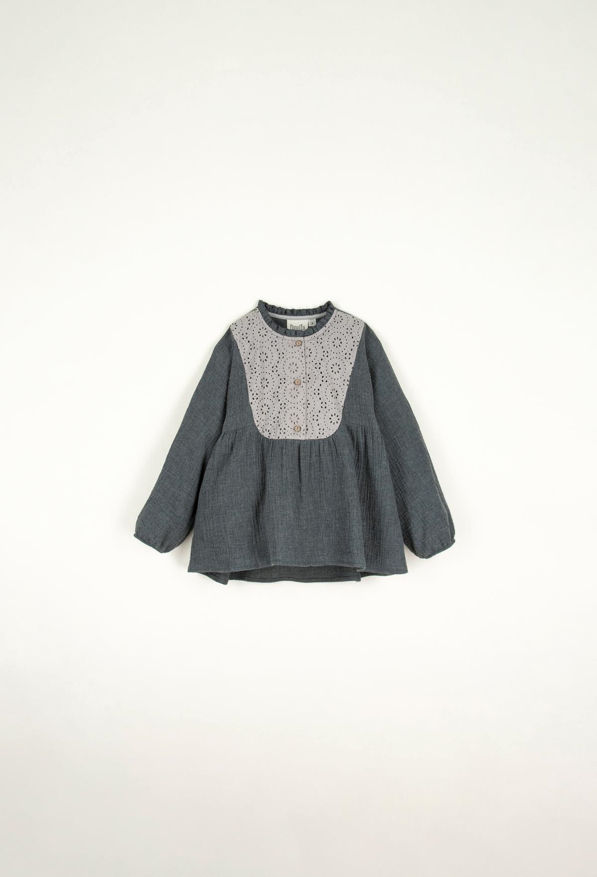 Mod.14.2 Dark grey blouse with yoke and Swiss embroidery | AW22.23 Mod.14.2 Dark grey blouse with yoke and Swiss embroidery