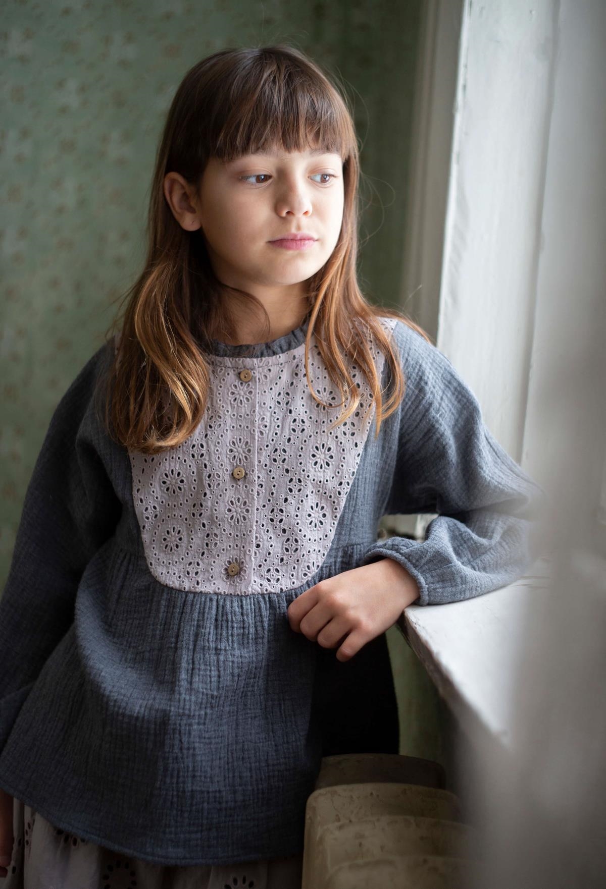 Mod.14.2 Dark grey blouse with yoke and Swiss embroidery | AW22.23 Mod.14.2 Dark grey blouse with yoke and Swiss embroidery