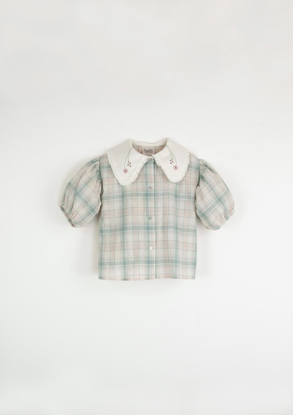 Mod.21.4 Pink plaid organic blouse with embroidered collar | SS23 Mod.21.4 Pink plaid organic blouse with embroidered collar