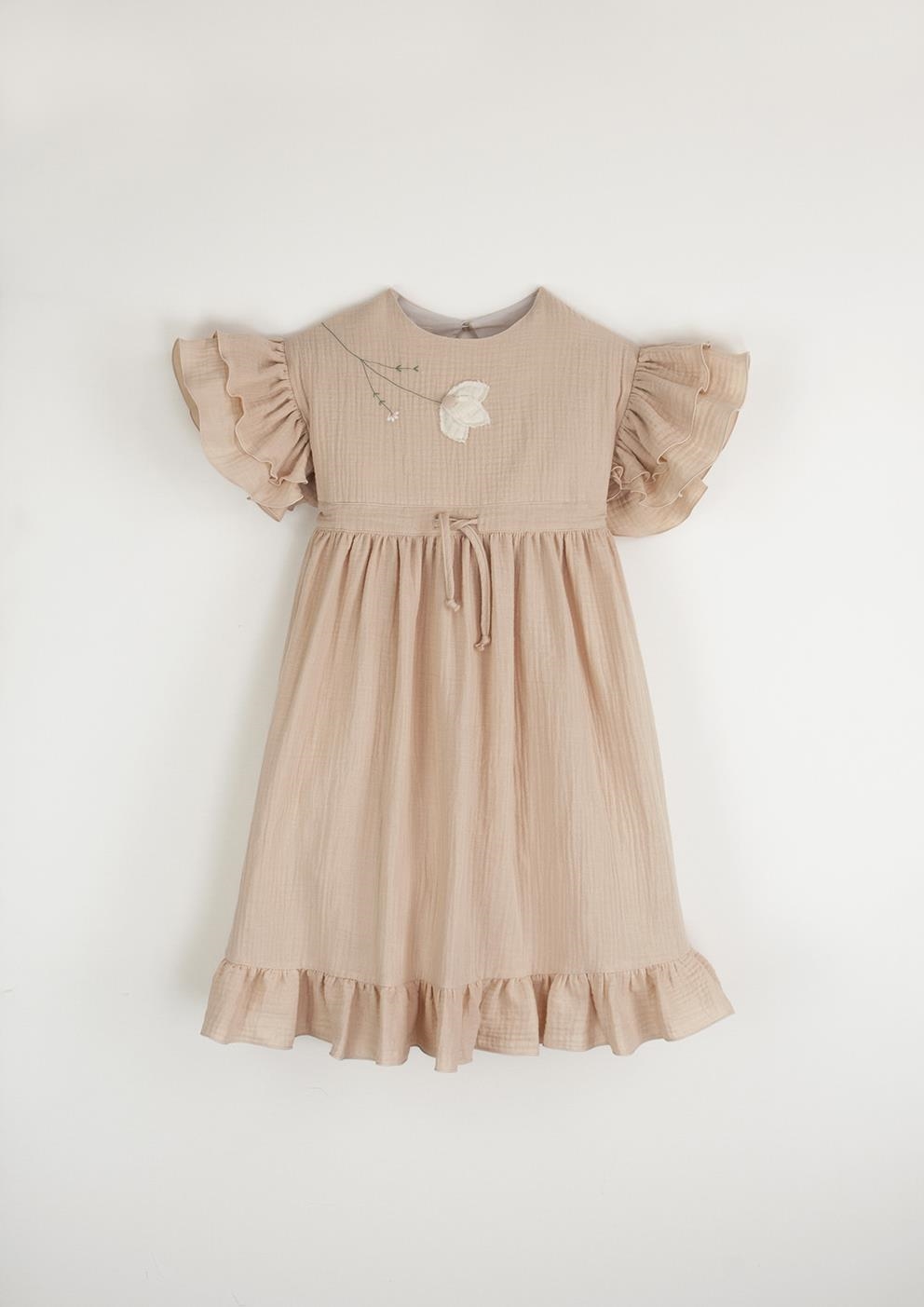 Mod.34.2 Pink organic dress with embroidered yoke and appliqué | SS23 Mod.34.2 Pink organic dress with embroidered yoke and appliqué