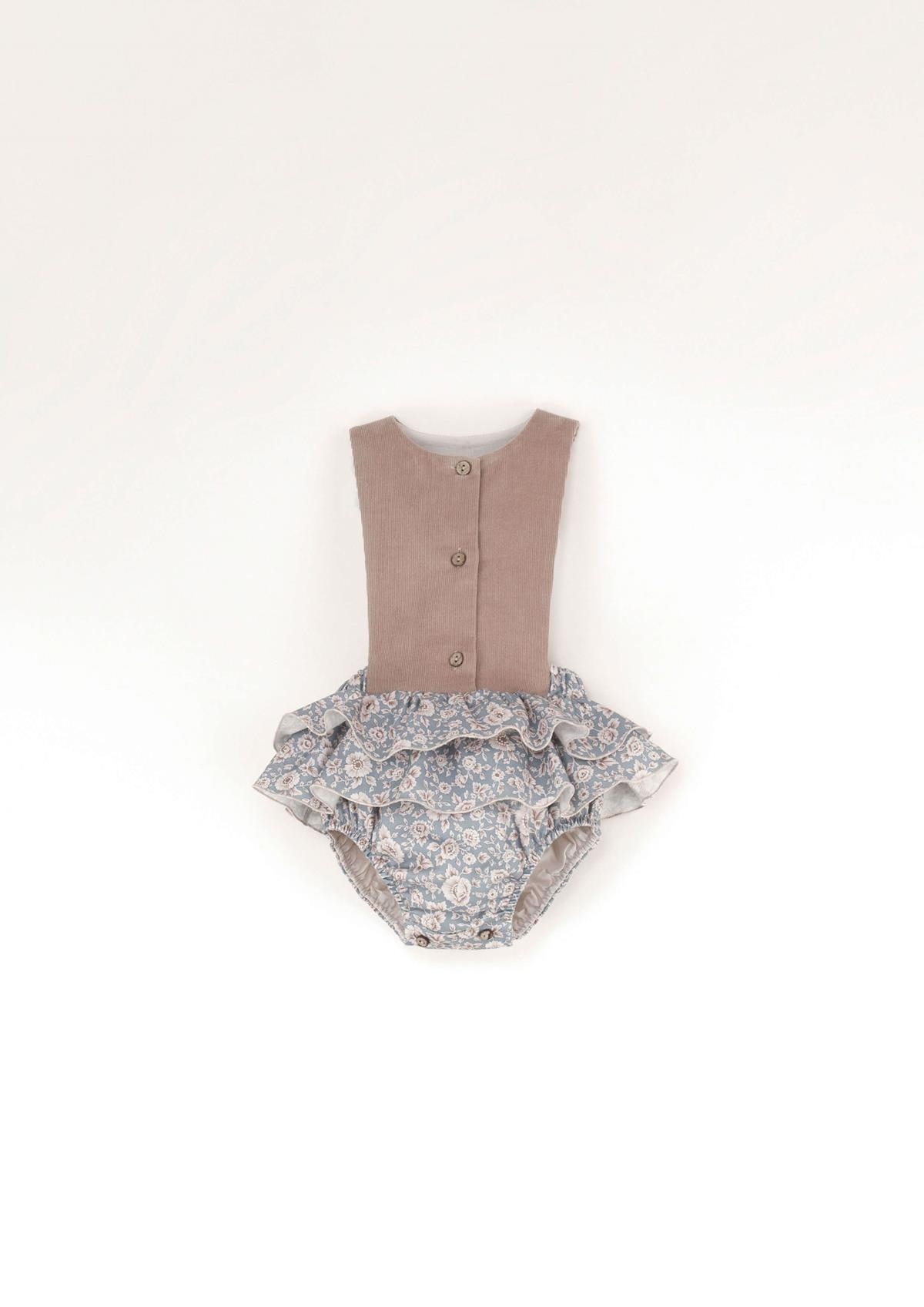 Mod.3.1 Blue floral print romper suit with bib and frill | AW23.24 Mod.3.1 Blue floral print romper suit with bib and frill