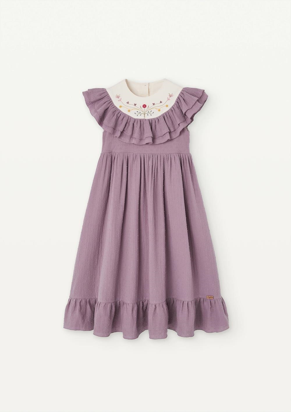 Mod 30.3 Mauve dress with embroidered yoke and frills | SS25 Mod 30.3 Mauve dress with embroidered yoke and frills