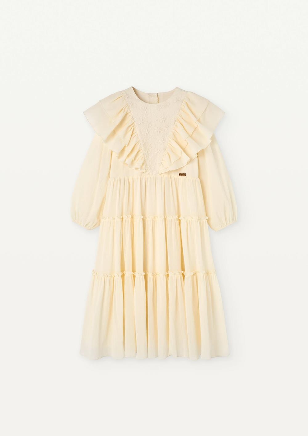 Mod 33.1 Off-white dress with triangular tulle yoke and frills | SS25 Mod 33.1 Off-white dress with triangular tulle yoke and frills