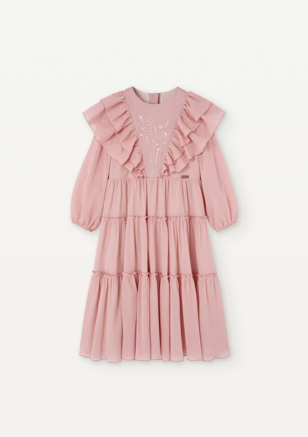 Mod 33.2 Pink dress with embroidered triangular yoke and frills | SS25 Mod 33.2 Pink dress with embroidered triangular yoke and frills