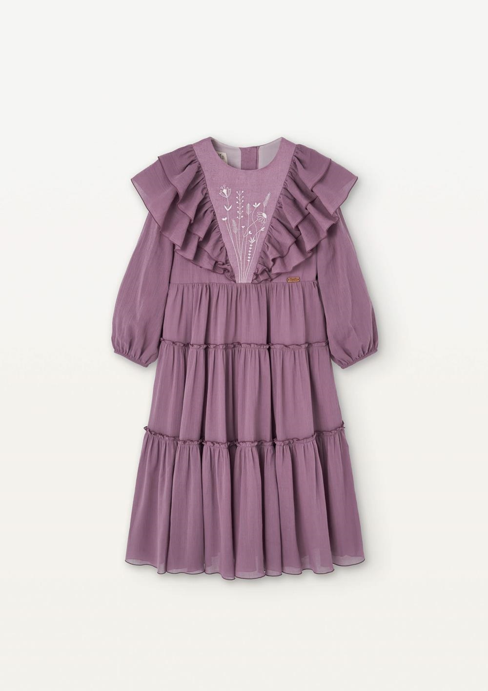 Mod 33.3 Mauve dress with embroidered triangular yoke and frills | SS25 Mod 33.3 Mauve dress with embroidered triangular yoke and frills