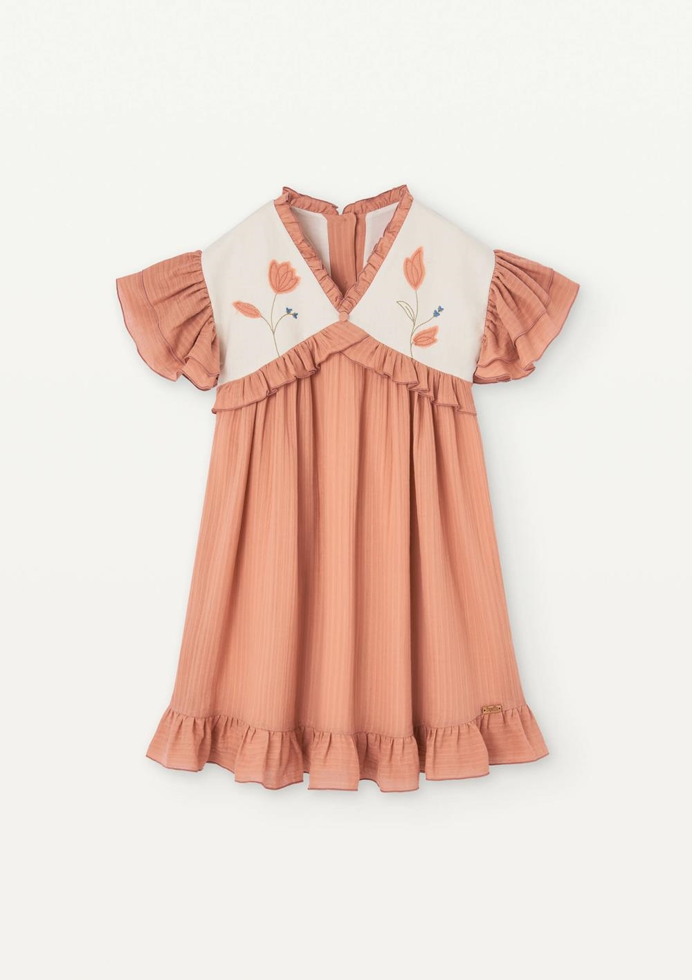 Mod 35.2 Coral dress with embroidered yoke and appliqué | SS25 Mod 35.2 Coral dress with embroidered yoke and appliqué