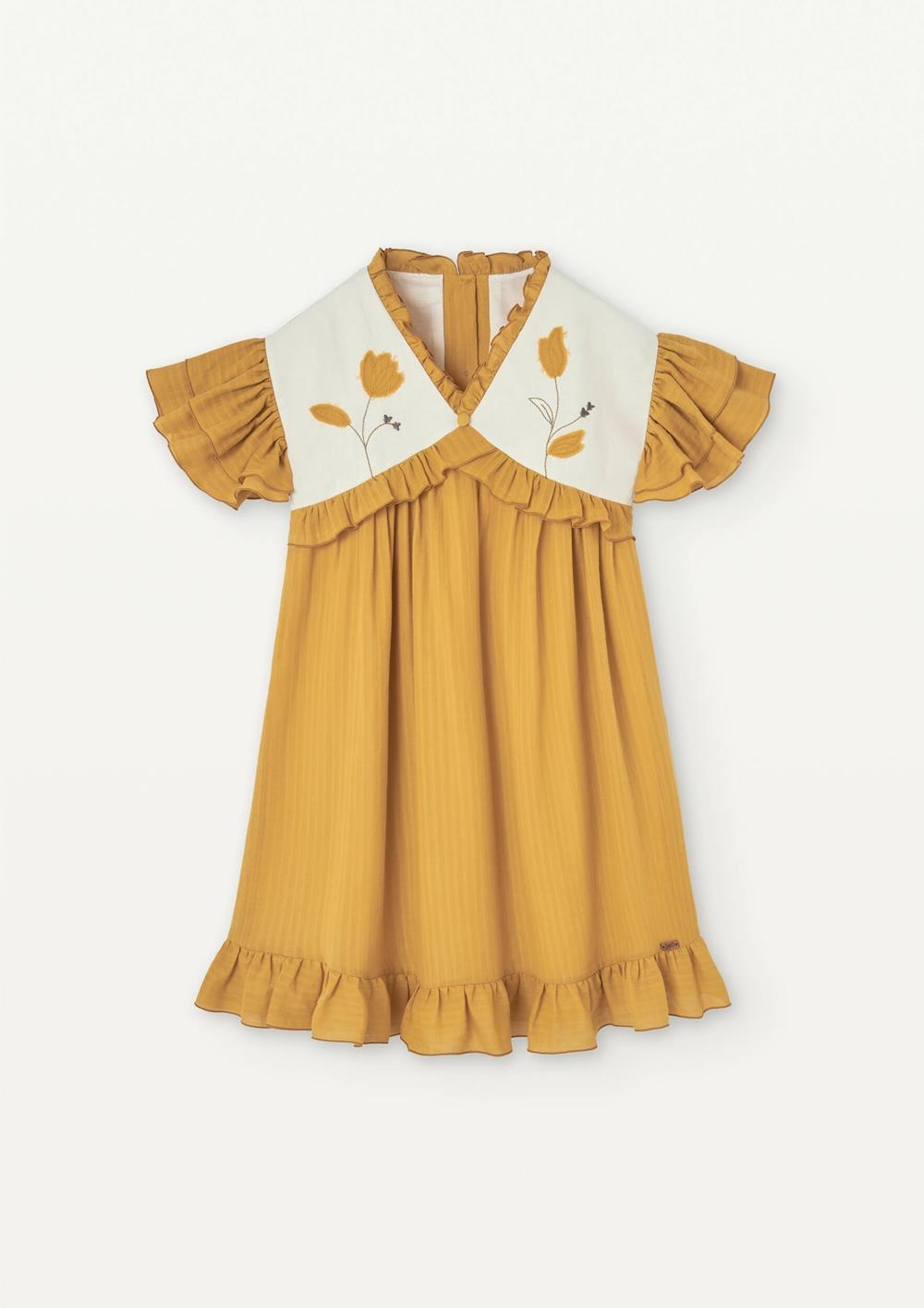 Mod 35.4 Ochre dress with embroidered yoke and appliqué | SS25 Mod 35.4 Ochre dress with embroidered yoke and appliqué