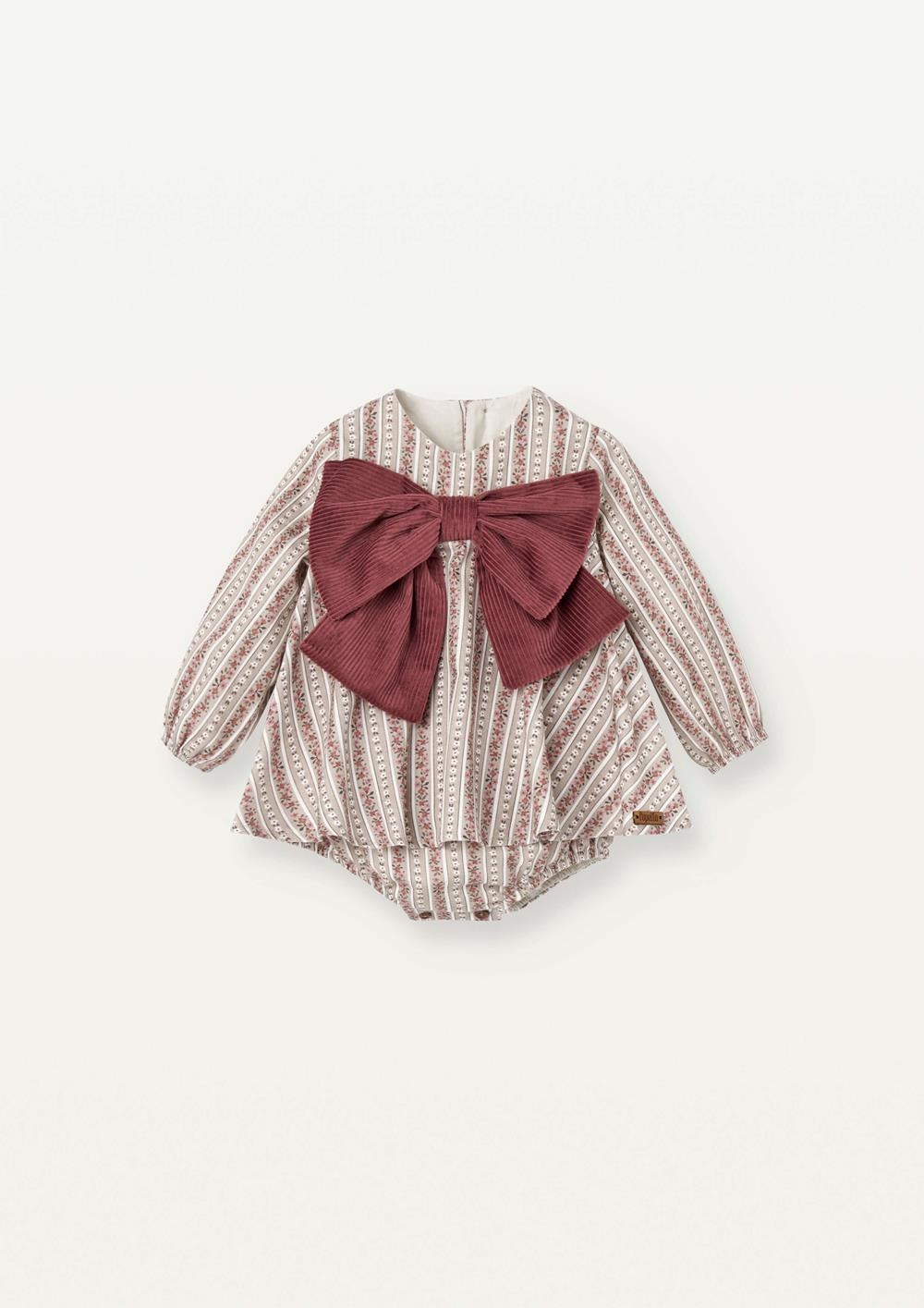 Mod.4.3 Burgundy flower print romper suit with bow | AW2526 Mod.4.3 Burgundy flower print romper suit with bow
