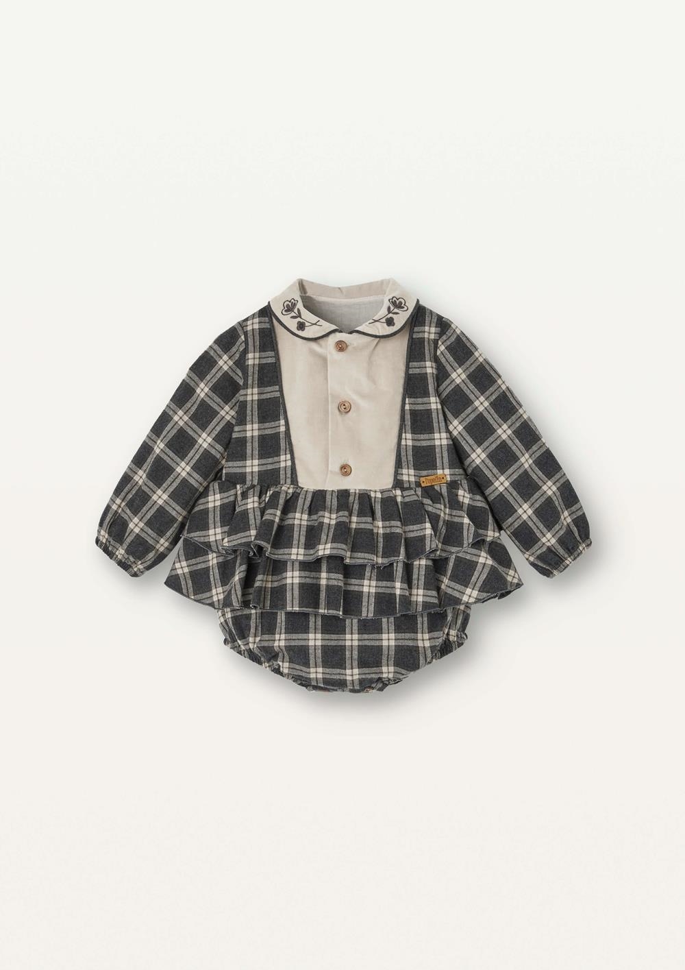 Mod.5.2 Grey plaid romper suit with embroidered baby collar | AW2526 Mod.5.2 Grey plaid romper suit with embroidered baby collar