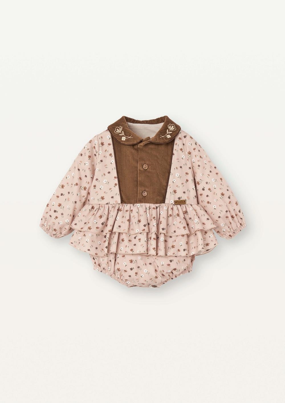 Mod.5.3 Pink flower print romper suit with embroidered baby collar | AW2526 Mod.5.3 Pink flower print romper suit with embroidered baby collar