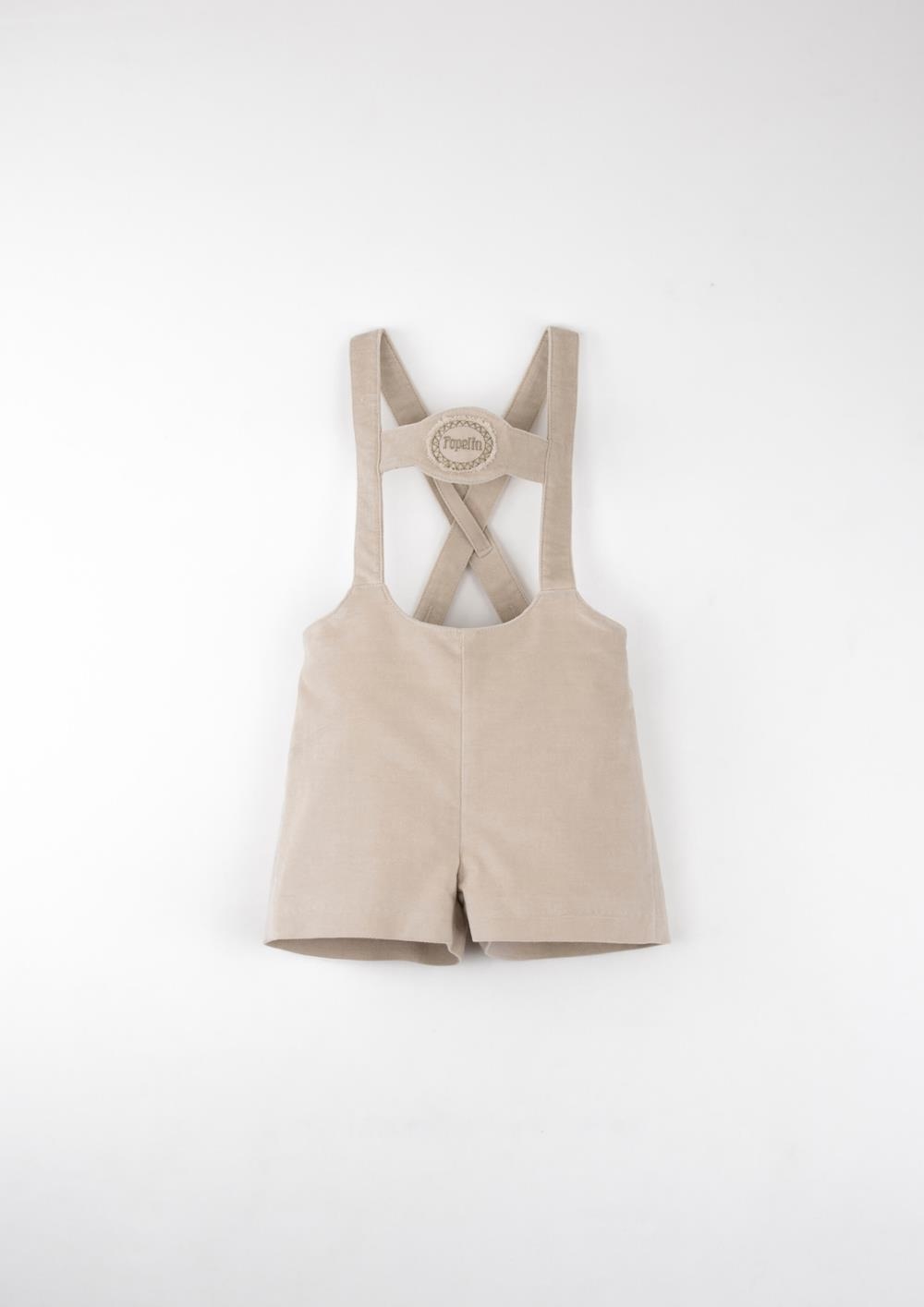 Mod.9.1 Beige velvet short dungarees with embroidery appliqué | AW2526 Mod.9.1 Beige velvet short dungarees with embroidery appliqué