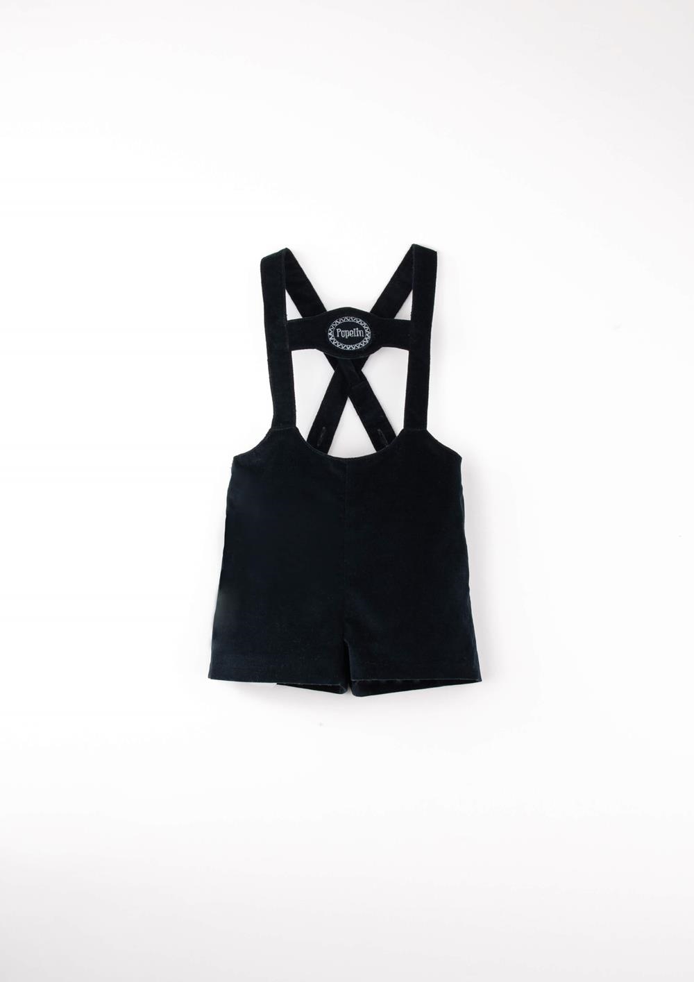 Mod.9.2 Black velvet short dungarees with embroidery appliqué | AW2526 Mod.9.2 Black velvet short dungarees with embroidery appliqué