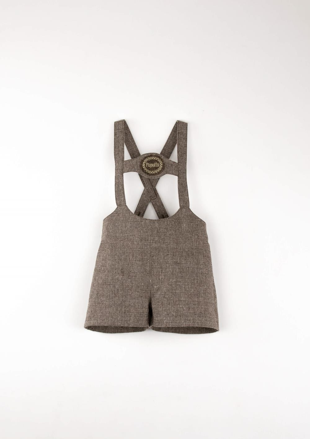 Mod.9.4 Brown Oxford cloth short dungarees with embroidery appliqué | AW2526 Mod.9.4 Brown Oxford cloth short dungarees with embroidery appliqué