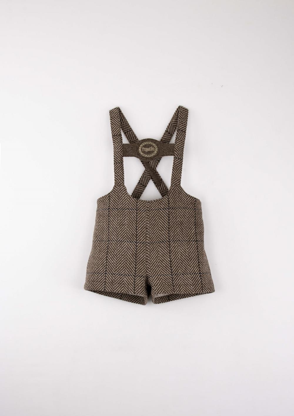 Mod.9.6 Brown herringbone woollen short dungarees with embroidery appliqué | AW2526 Mod.9.6 Brown herringbone woollen short dungarees with embroidery appliqué
