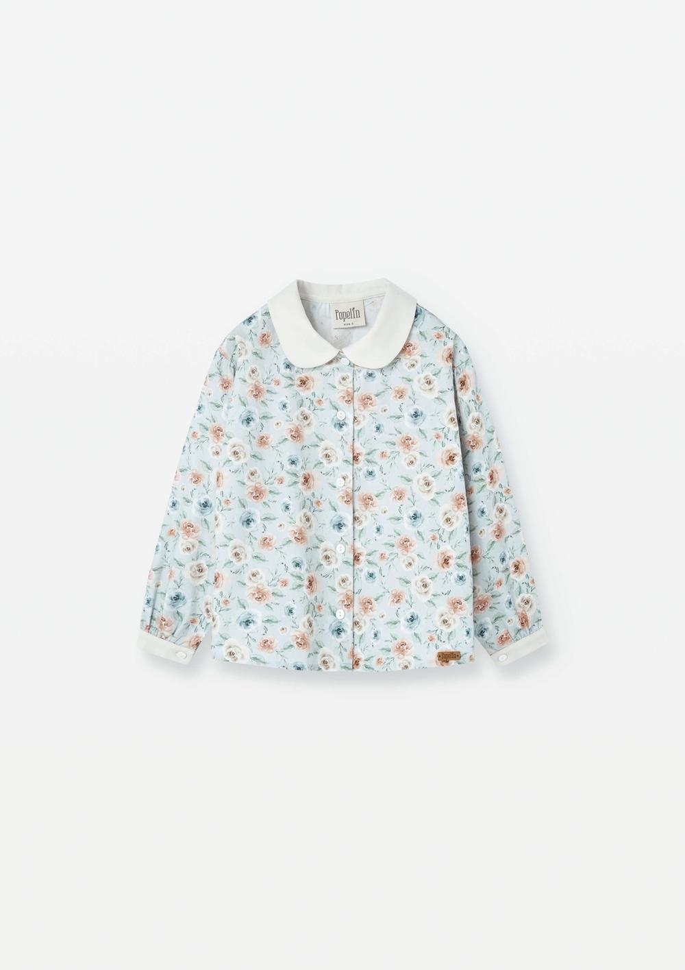 Mod.26.6 Blue flower print shirt with baby collar and puffed sleeves | AW2526 Mod.26.6 Blue flower print shirt with baby collar and puffed sleeves