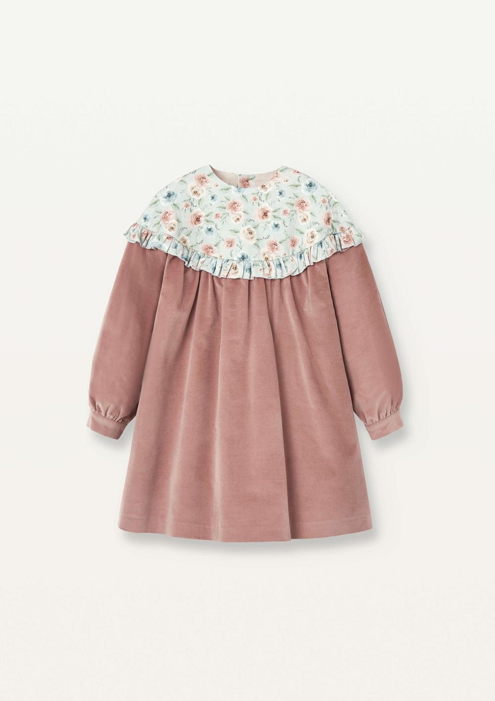 Mod.41.4 Pink velvet dress with floral yoke | AW2526 Mod.41.4 Pink velvet dress with floral yoke