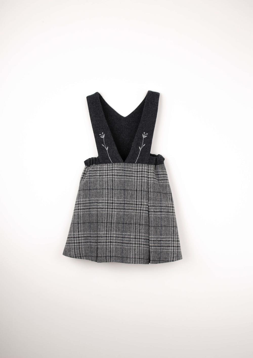 Mod.43.1 Grey plaid woollen short dress with bib and embroidered straps | AW2526 Mod.43.1 Grey plaid woollen short dress with bib and embroidered straps