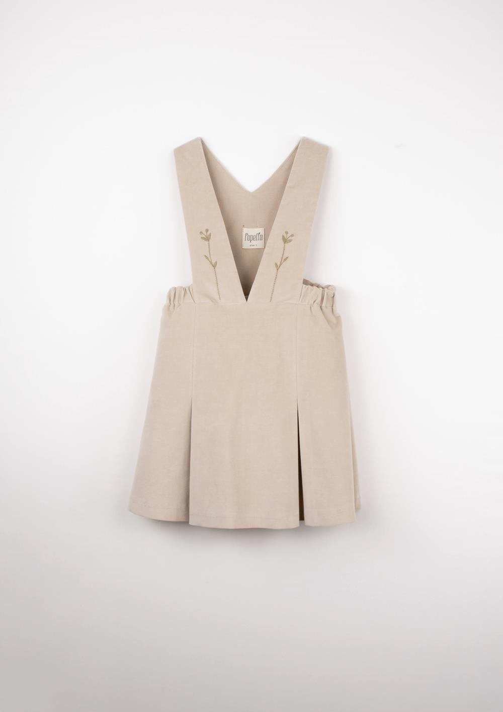 Mod.43.5 Beige velvet short dress with bib and embroidered straps | AW2526 Mod.43.5 Beige velvet short dress with bib and embroidered straps