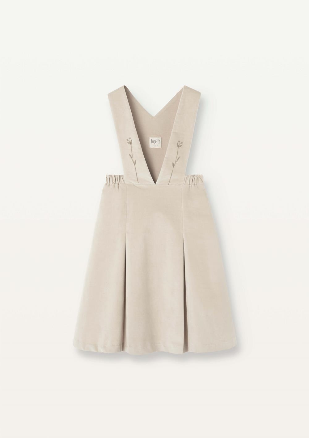 Mod.43.6 Beige velvet dress with bib and embroidered straps | AW2526 Mod.43.6 Beige velvet dress with bib and embroidered straps