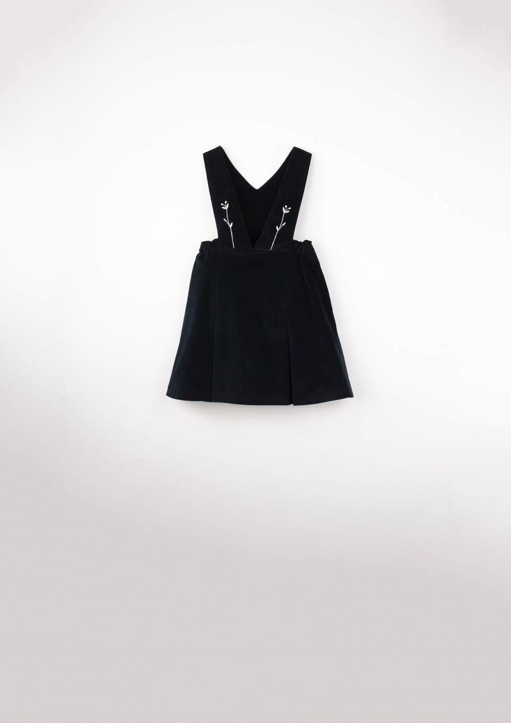 Mod.43.7 Black velvet short dress with bib and embroidered straps | AW2526 Mod.43.7 Black velvet short dress with bib and embroidered straps