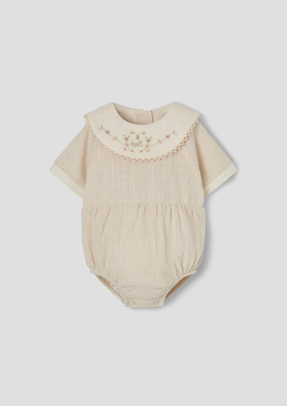 Mod.2.1 Off-white romper suit with embroidered bib collar | SS26 Mod.2.1 Off-white romper suit with embroidered bib collar