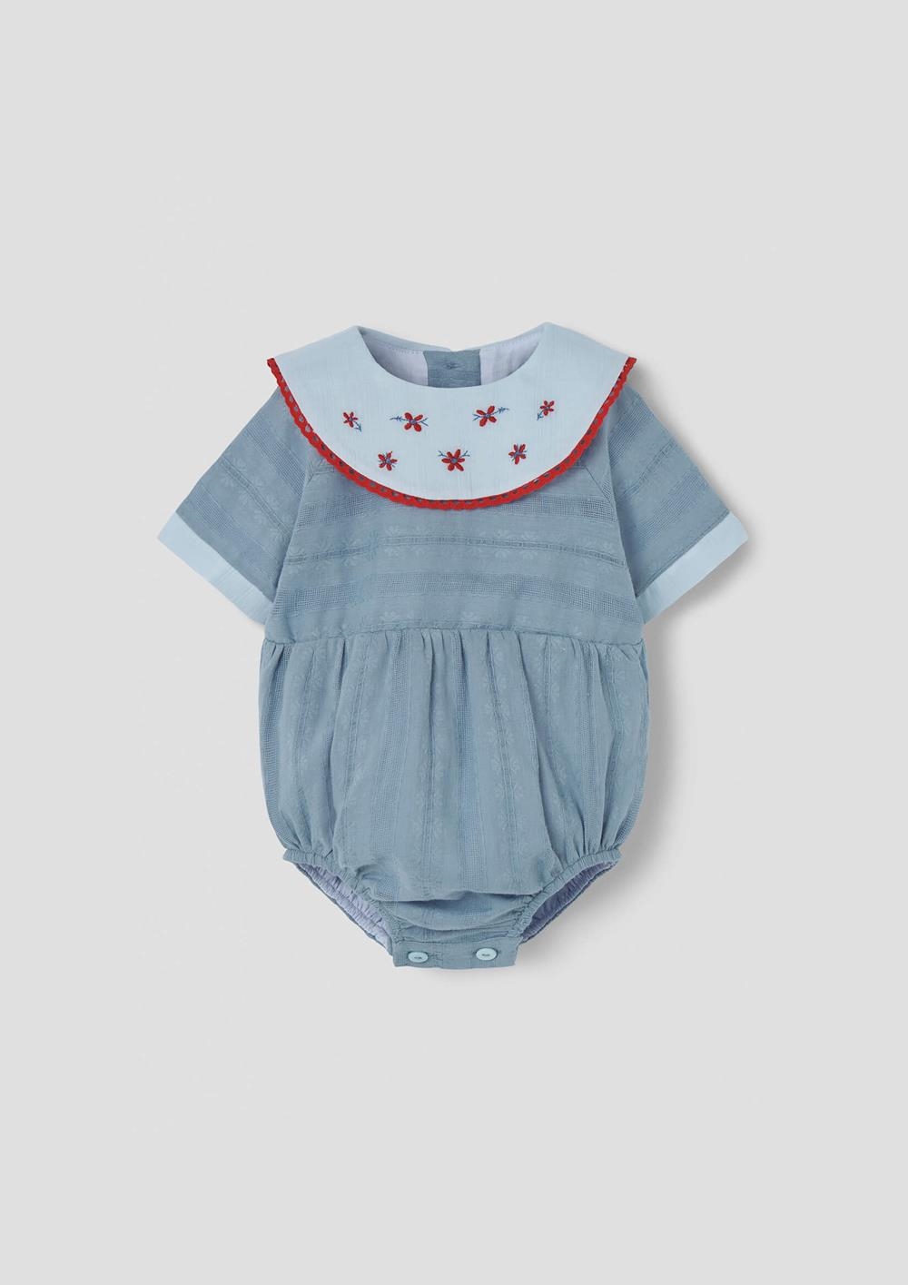 Mod.2.3 Blue romper suit with embroidered bib collar | SS26 Mod.2.3 Blue romper suit with embroidered bib collar