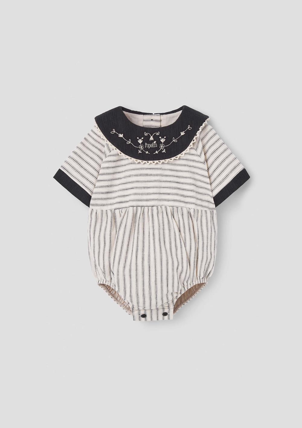 Mod.2.4 Black striped romper suit with embroidered bib collar | SS26 Mod.2.4 Black striped romper suit with embroidered bib collar