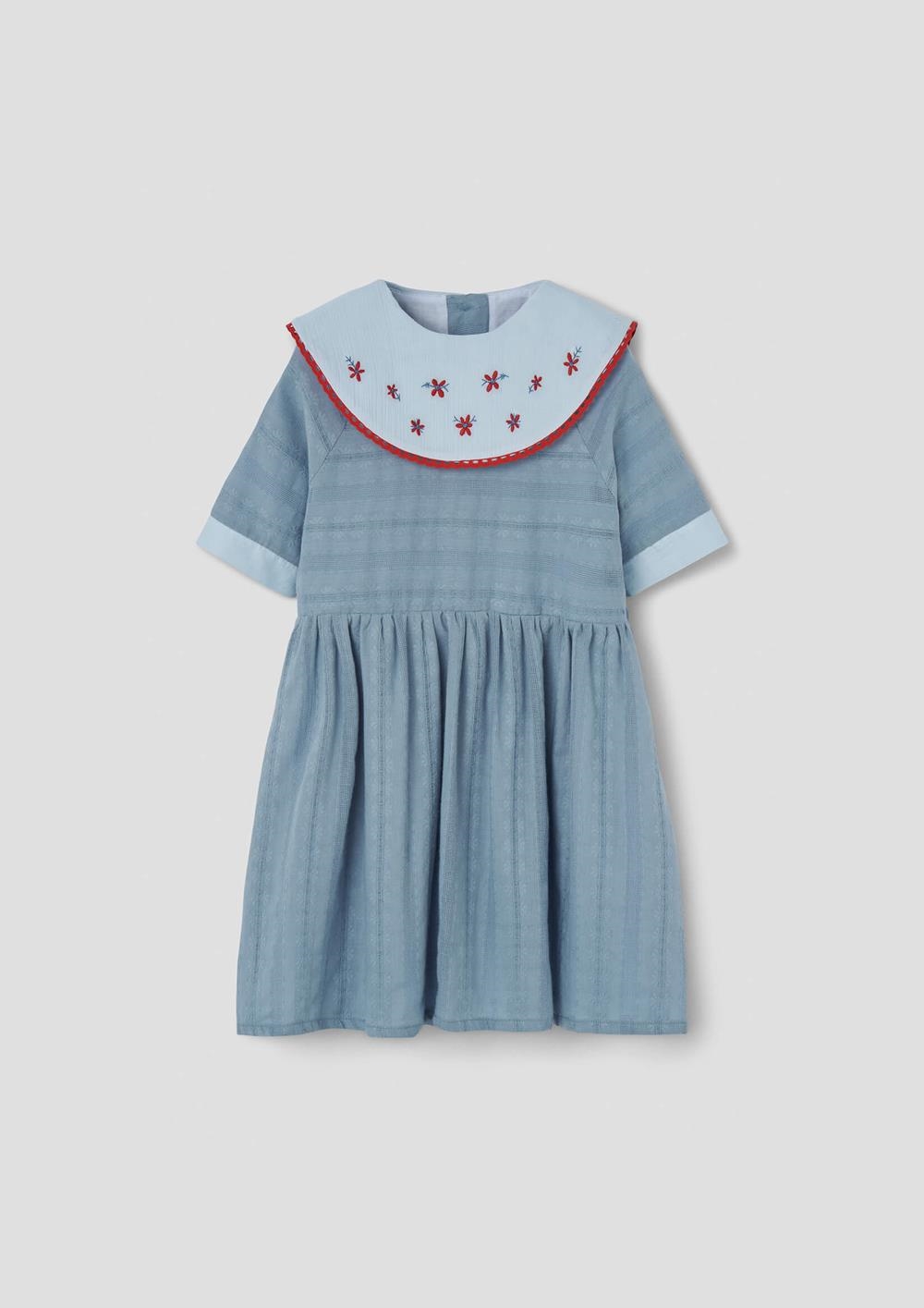 Mod.41.3 Blue short dress with embroidered bib collar | SS26 Mod.41.3 Blue short dress with embroidered bib collar