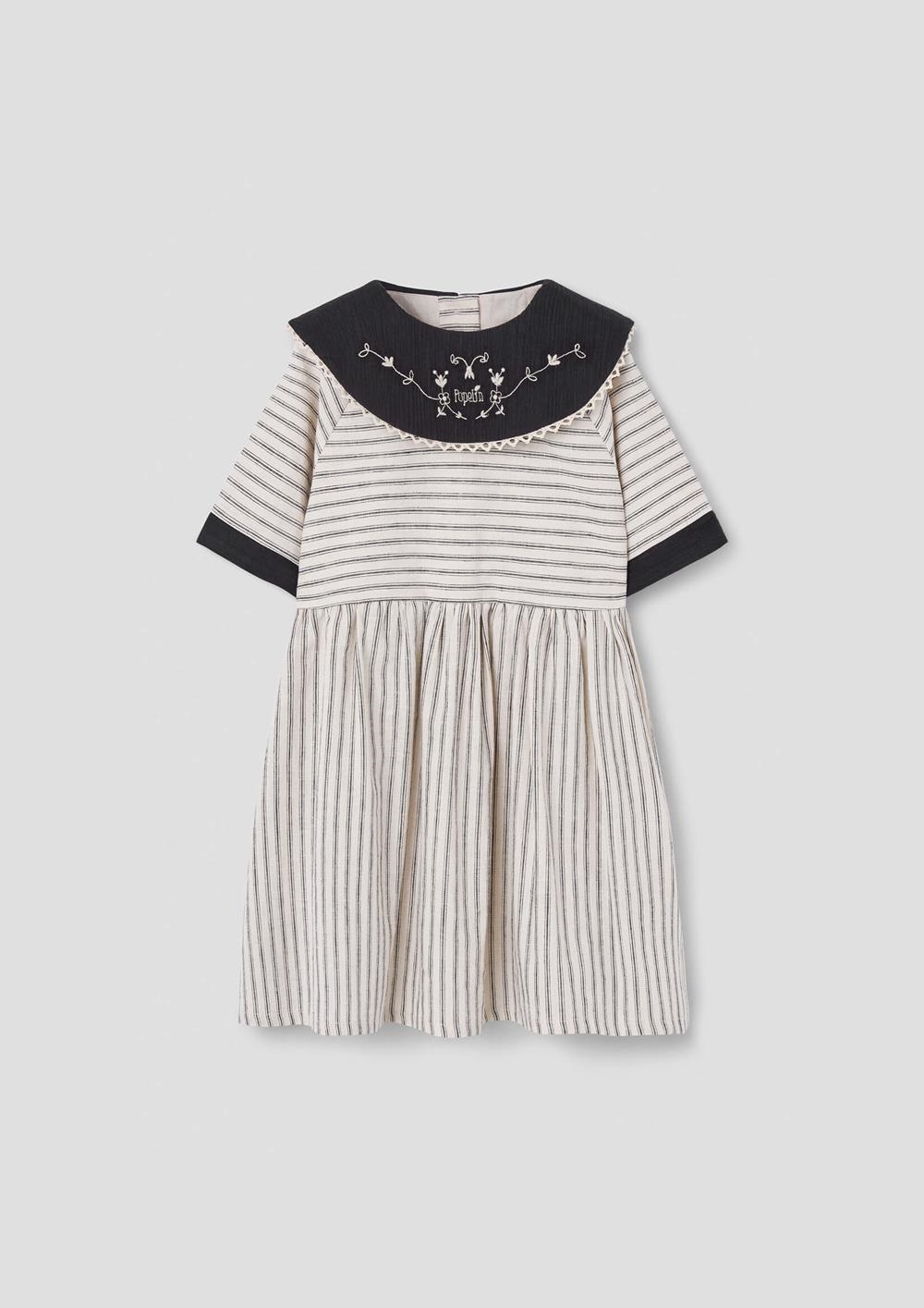 Mod.41.4 Black striped short dress with embroidered bib collar | SS26 Mod.41.4 Black striped short dress with embroidered bib collar