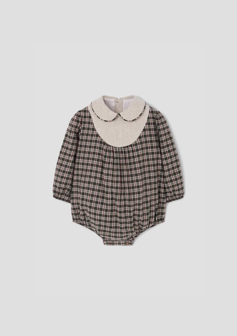 Mod.2.3 Green plaid romper suit with baby collar and yoke | AW26.27 Mod.2.3 Green plaid romper suit with baby collar and yoke