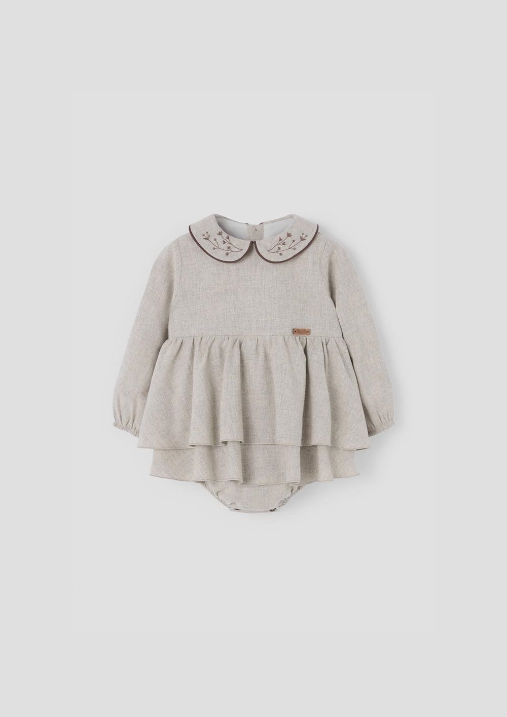 Mod.3.1 Sand romper suit with double layer skirt and embroidered baby collar | AW26.27 Mod.3.1 Sand romper suit with double layer skirt and embroidered baby collar