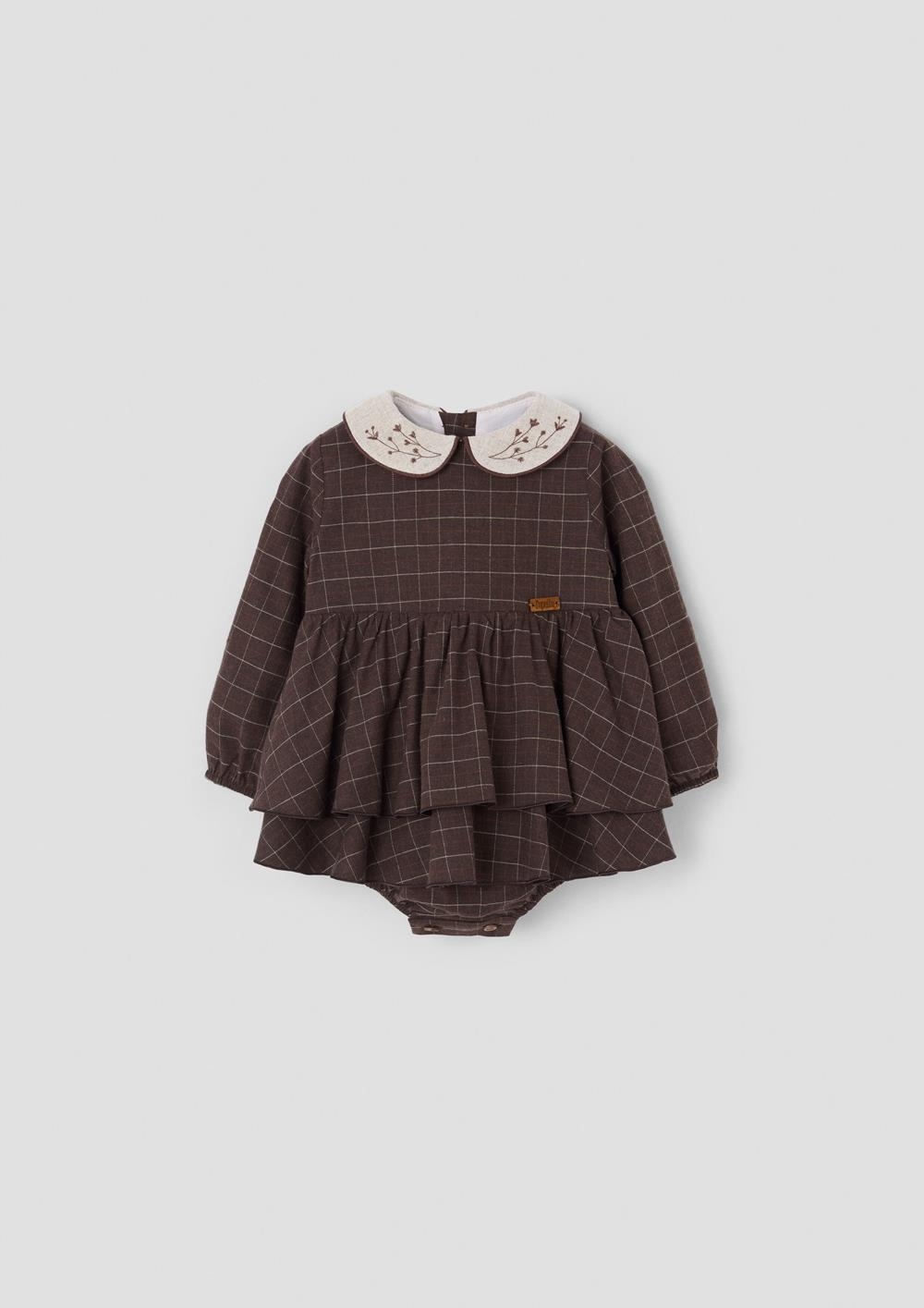 Mod.3.3 Brown romper suit with double layer skirt and embroidered baby collar | AW26.27 Mod.3.3 Brown romper suit with double layer skirt and embroidered baby collar