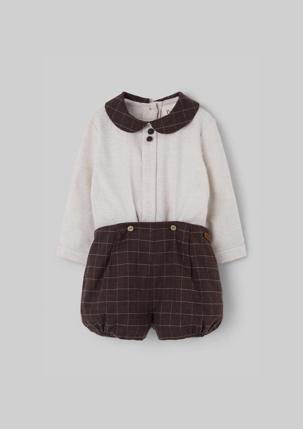Mod.6.1 Brown contrasting two-piece baby playsuit | AW26.27 Mod.6.1 Brown contrasting two-piece baby playsuit